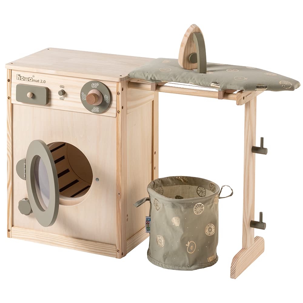 HOWA 48142 Wooden Washing Machine Toy for Kids with Clothesline, Ironing Board, Laundry Basket & Toy Iron - Pretend Play, Role Play, Early Learning & Montessori Activities