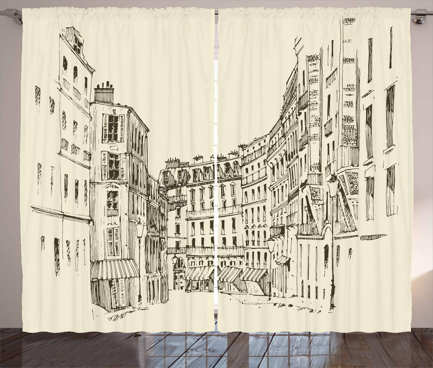 Ambesonne Paris Curtains - Hand Drawn French Architecture Design, European Urban Style Window Drapes for Living Room & Bedroom, 2 Panel Set (108