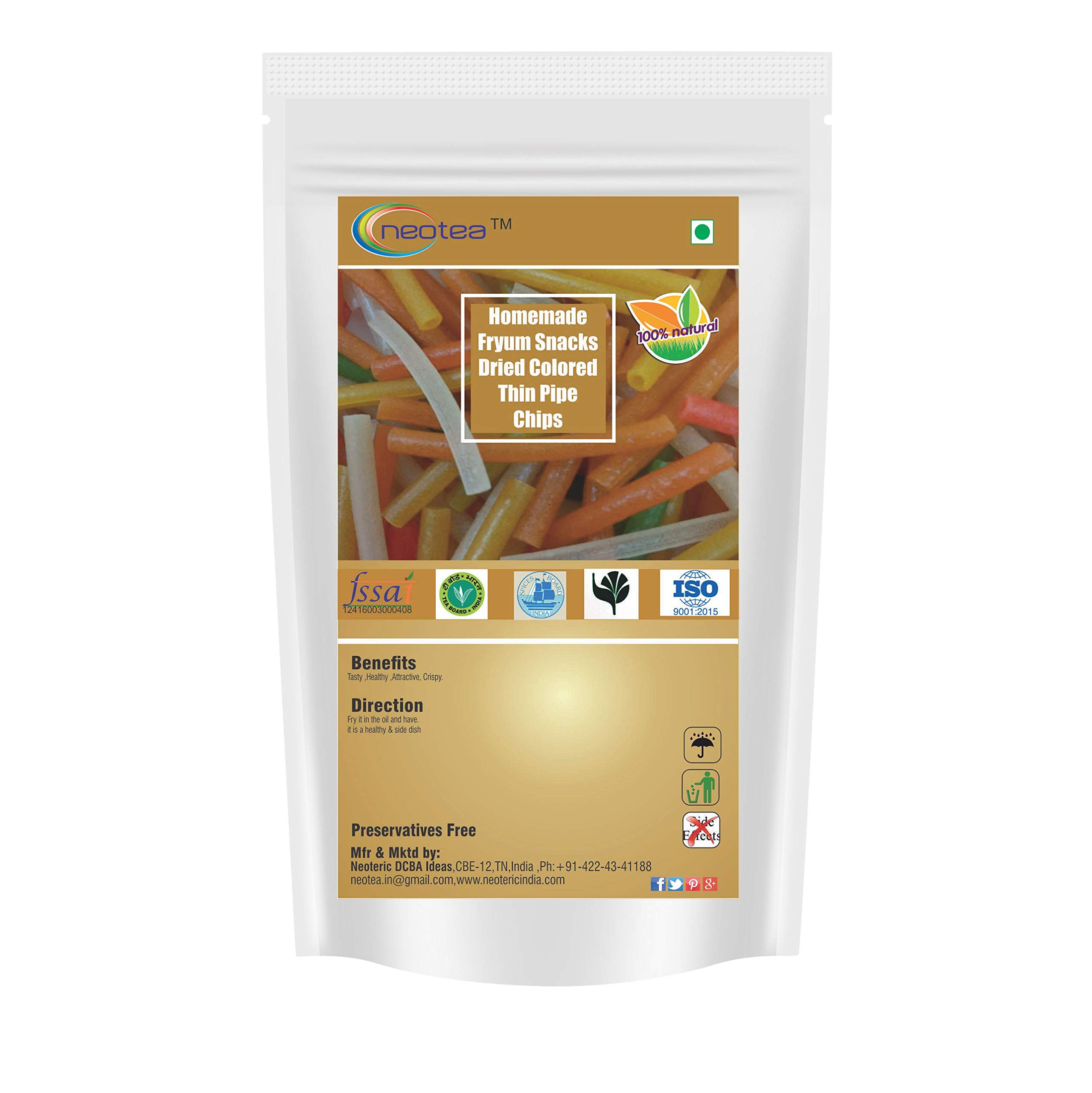Neotea Homemade Fryum Snacks - Dried Colorful Thin Pipe Chips 250g | Crunchy Vegan Snack for Parties, Movie Nights & Healthy Munching