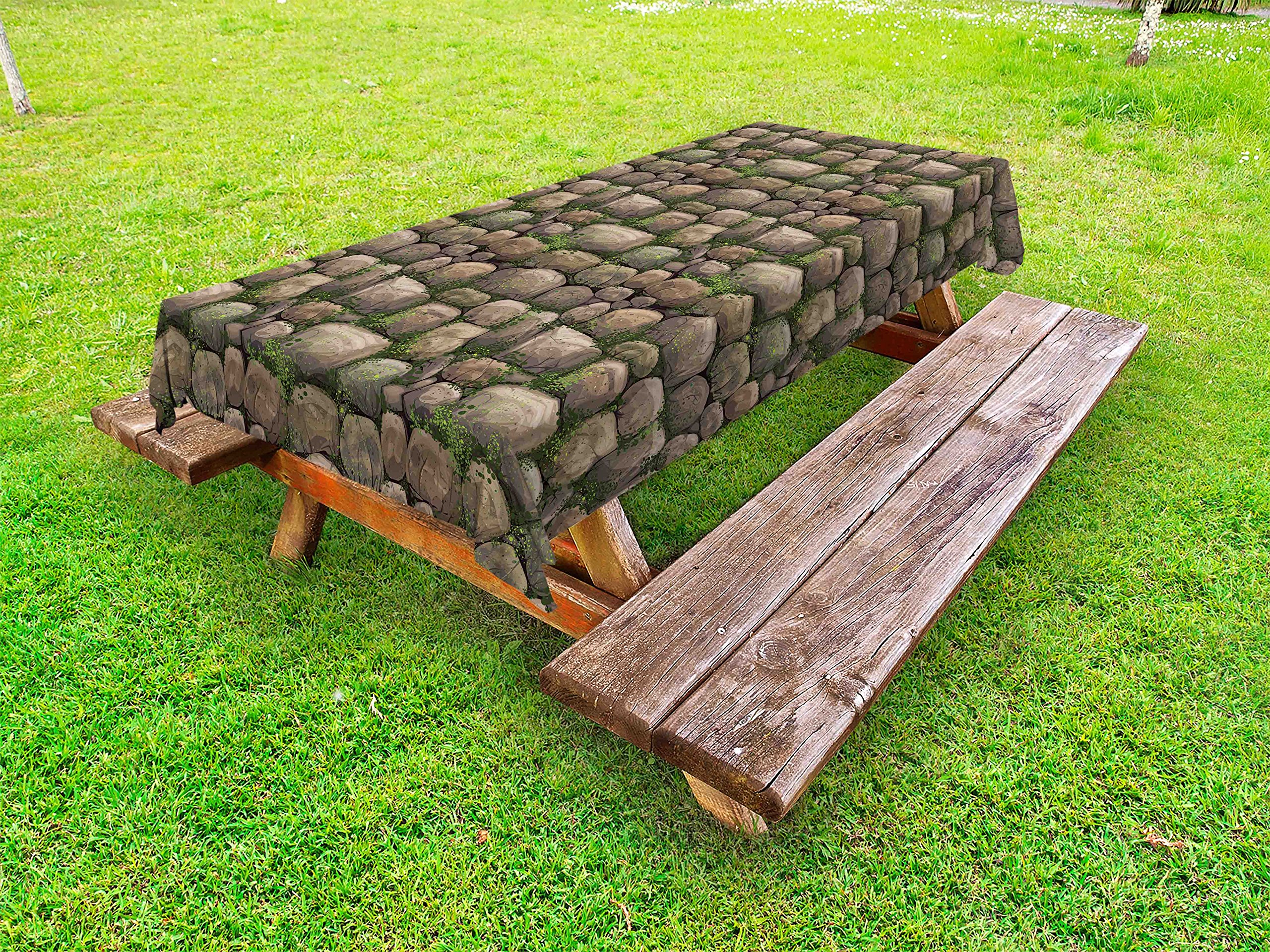 Ambesonne Waterproof Outdoor Tablecloth - Mossy Stone Forest Design, Washable Picnic Table Cover 58x120 Inches, Dark Taupe & Fern Green - Perfect for Camping, BBQs, Garden Parties and Outdoor Dining