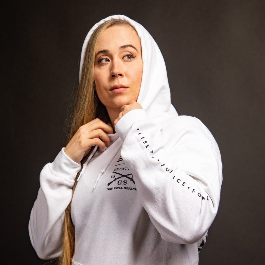 Liberty & Justice Hoodie - White | Patriotic American Pullover Sweatshirt for Men & Women | Perfect for 4th of July, Veterans Day & Casual Wear