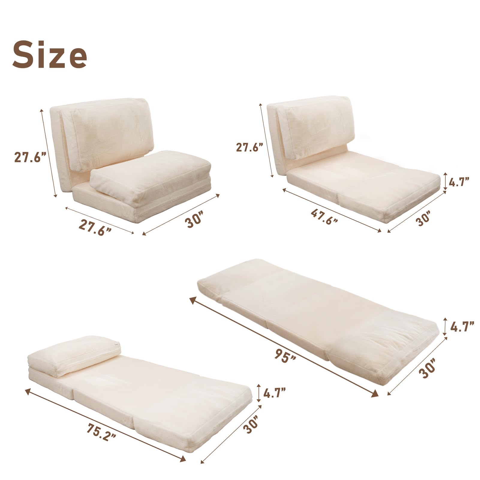 MAXYOYO Extra Thick 30x95 Inch Folding Bean Bag Sofa Bed - Washable Faux Fur Floor Mattress for Adults | Versatile Single Floor Couch for Bedroom, Living Room & Guest Room (Cream White)