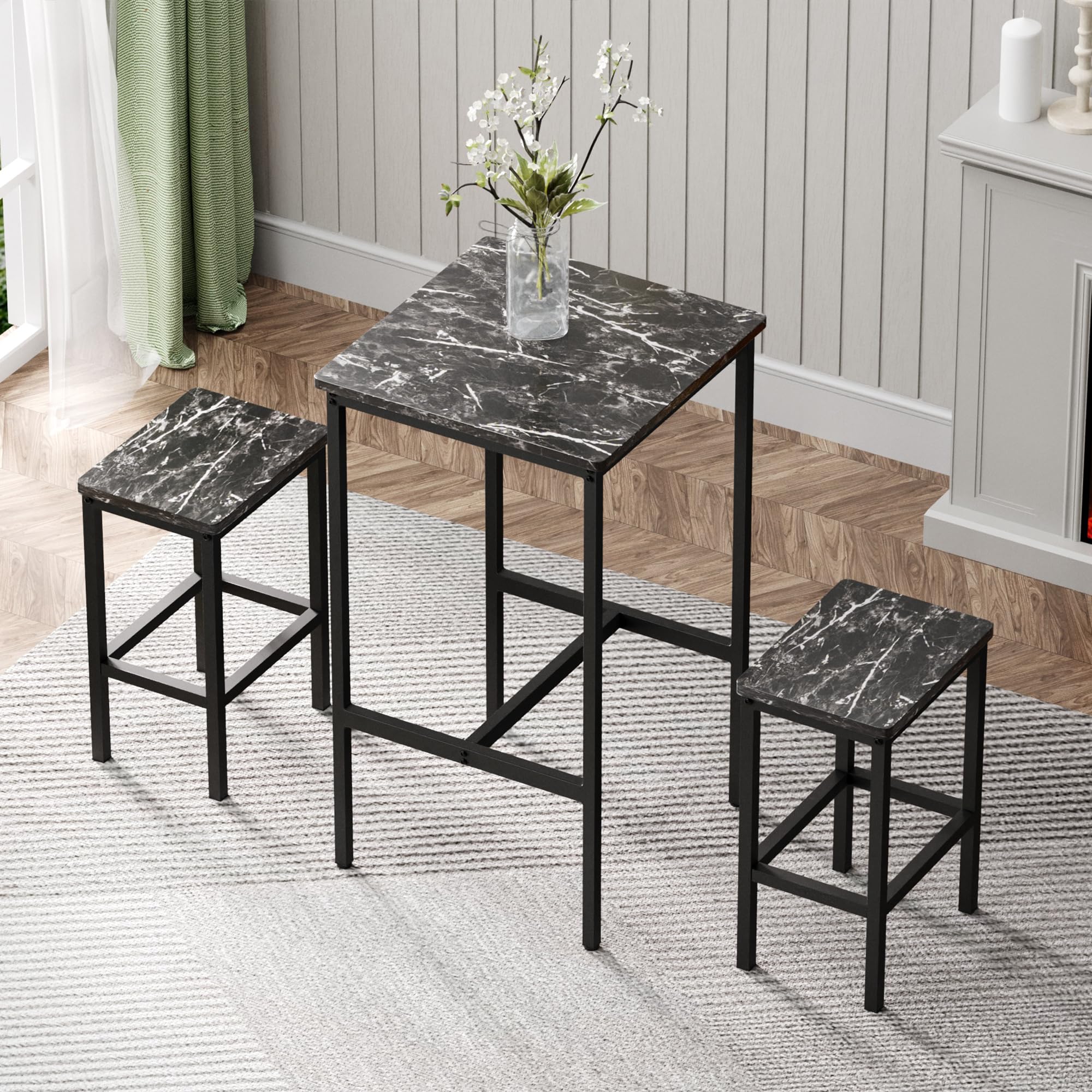 Square Bar Table - Small Kitchen Dining & Cocktail Table with Sturdy Metal Frame, High Top Pub Table for Parties, Space-Saving Narrow Design for Living Room, Kitchen, Bar - Marble Black Finish for Home & Office Use