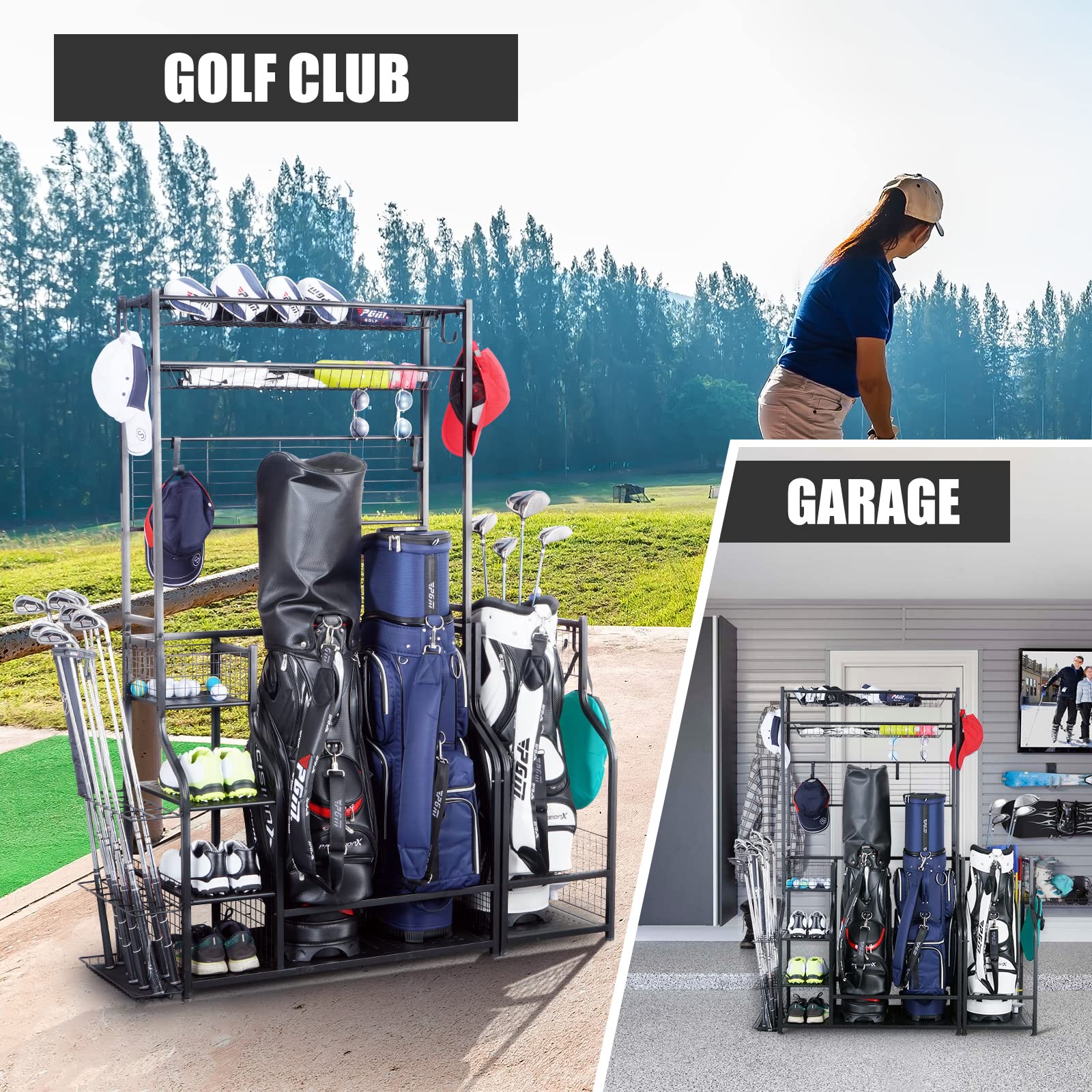Mythinglogic Golf Bag Storage Stand - 2 Golf Bags Holder with 4 Removable Hooks & Accessories Organizer - Perfect for Garage, Basement, or Clubhouse Storage - Keep Golf Clubs & Equipment Neatly Displayed