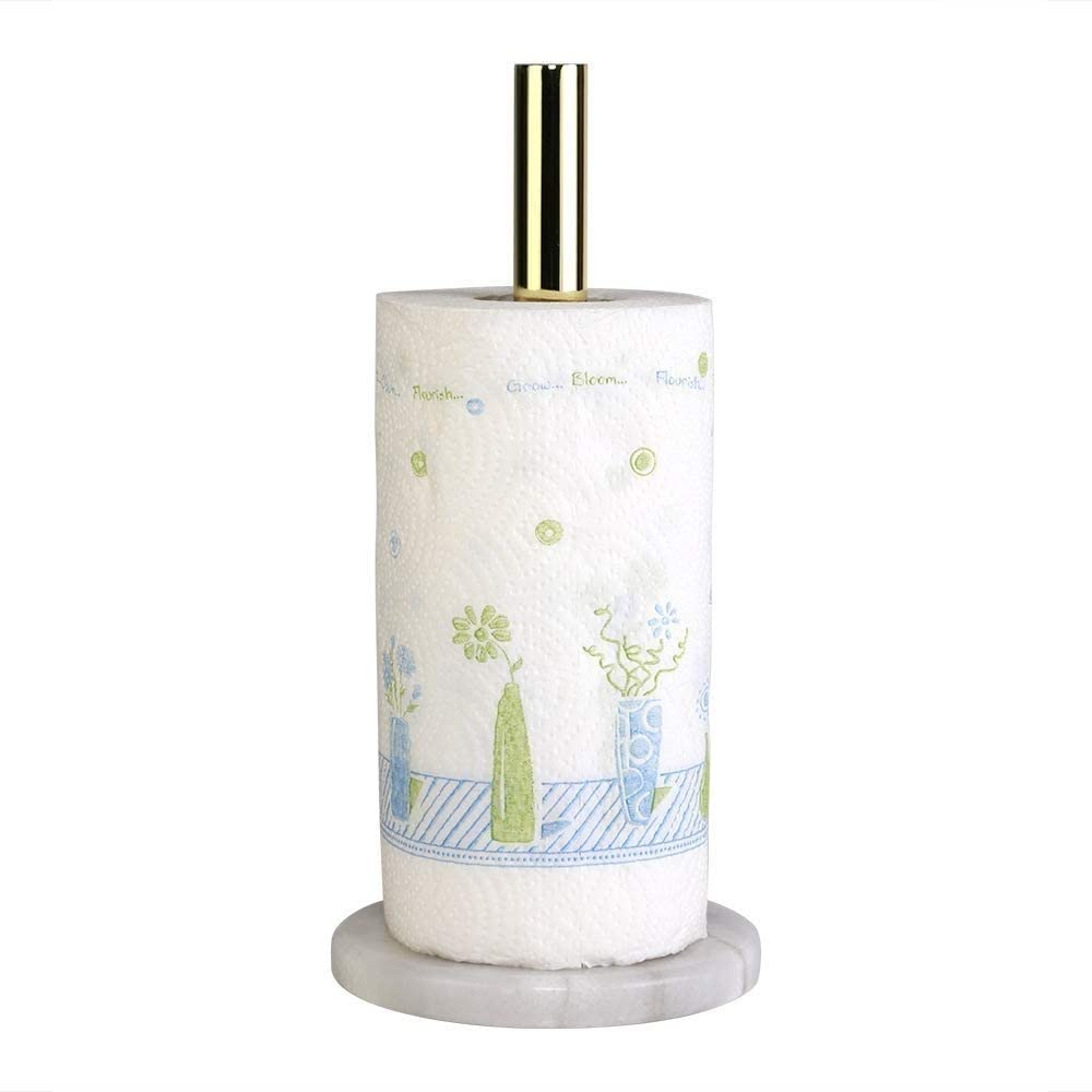 Modern Marble Base Paper Towel Holder - Standing Kitchen Roll Dispenser for Standard Rolls, White - Perfect for Countertops, Kitchens, and Dining Areas