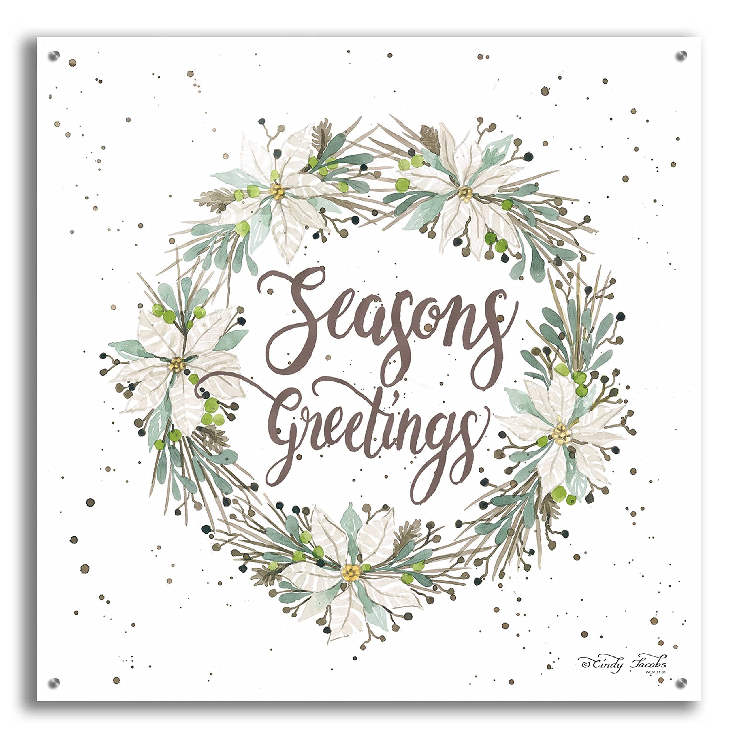 Seasons Greetings Wreath III Wall Art by Cindy Jacobs - 36x36 Inch Acrylic Glass Canvas Painting - Holiday Home Decor for Christmas Living Room & Office