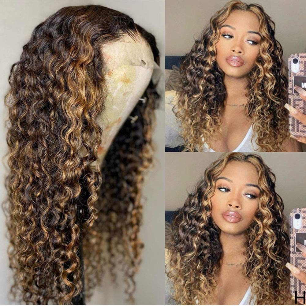 180% Density Ombre Blonde 1B/27 Color Curly Human Hair Wig for Black Women - Deep Wave HD Lace Front Wig with Highlight - 13x4 Lace Frontal Pre-Plucked Bleached Knots 18 Inch - Perfect for Daily Wear, Parties & Special Occasions
