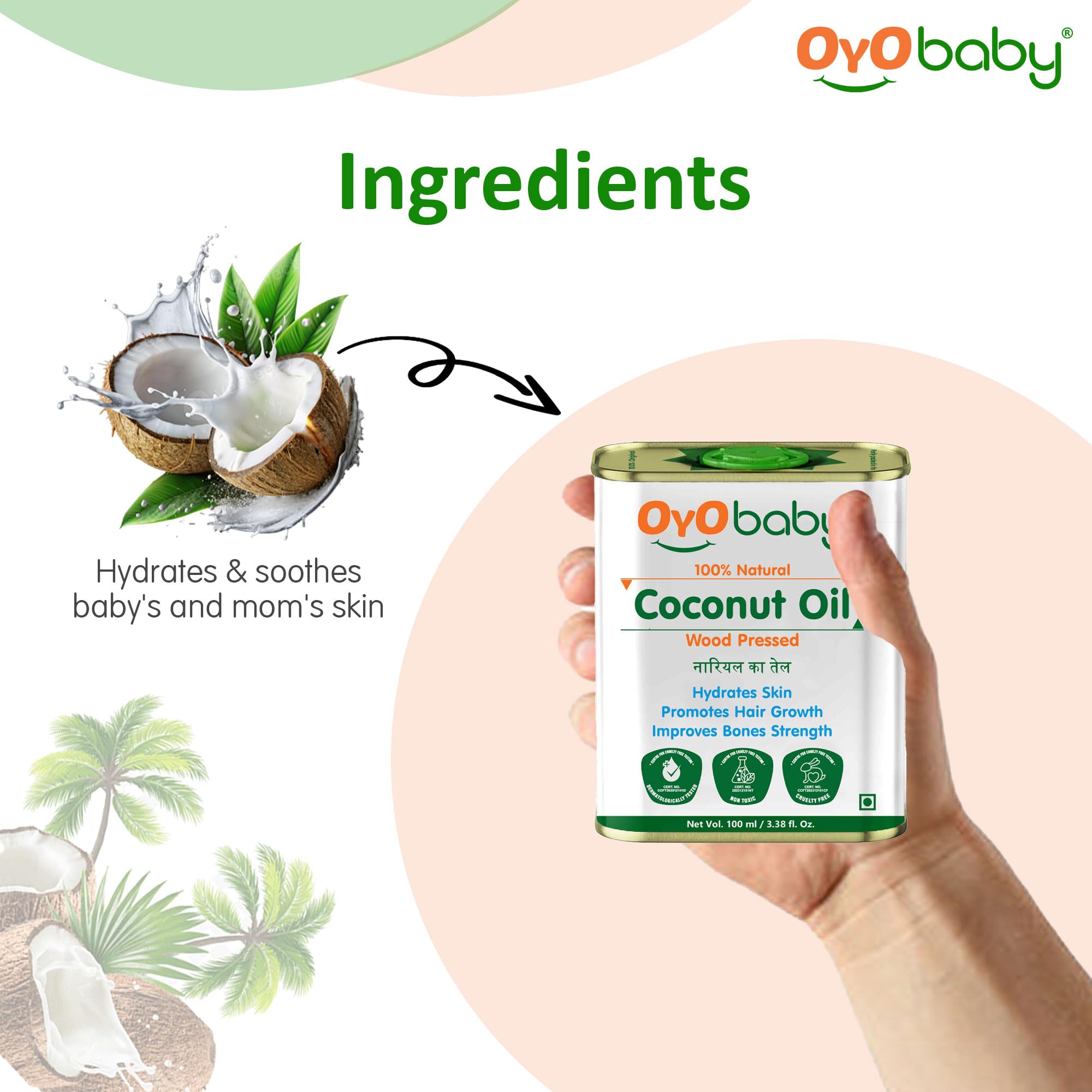 OYO BABY Virgin Coconut Oil for Skin & Hair - 100% Pure Cold Pressed Organic Coconut Oil - 100ml - Perfect for Moisturizing, Hair Care & Massage