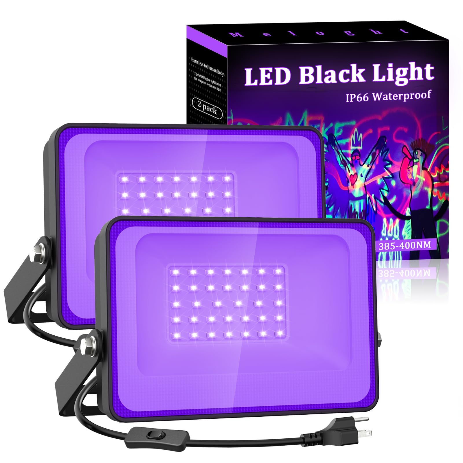 30W LED Black Light with 35 LEDs - IP66 Waterproof Blacklight Flood Light with Plug & Switch (2 Pack) - Covers 200sq.ft for Glow Parties, Halloween Decor, Bedroom UV Lighting, Stage Effects, and Fluorescent Posters