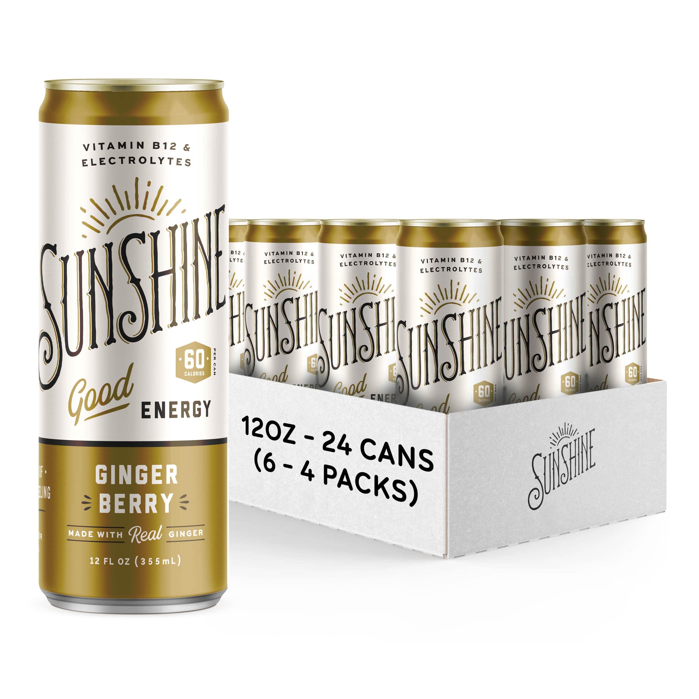 Sunshine Beverages Sparkling Energy Drink - Ginger Berry Flavor | Caffeinated Vitamin Water with Low Calories | Healthy Coffee Alternative for Workouts & Focus | 12 Fl Oz (6x4 Pack) | Perfect for Gym, Office & Study Sessions