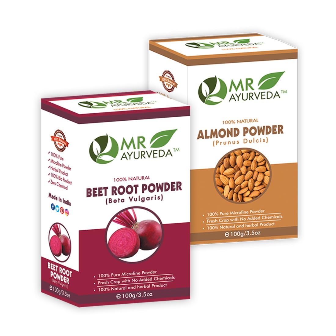 MR Ayurveda 100% Organic Beetroot Powder & Almond Powder Combo Pack (200g) - Natural Superfood for Smoothies, Baking & Healthy Recipes | Vegan, Gluten-Free Supplement