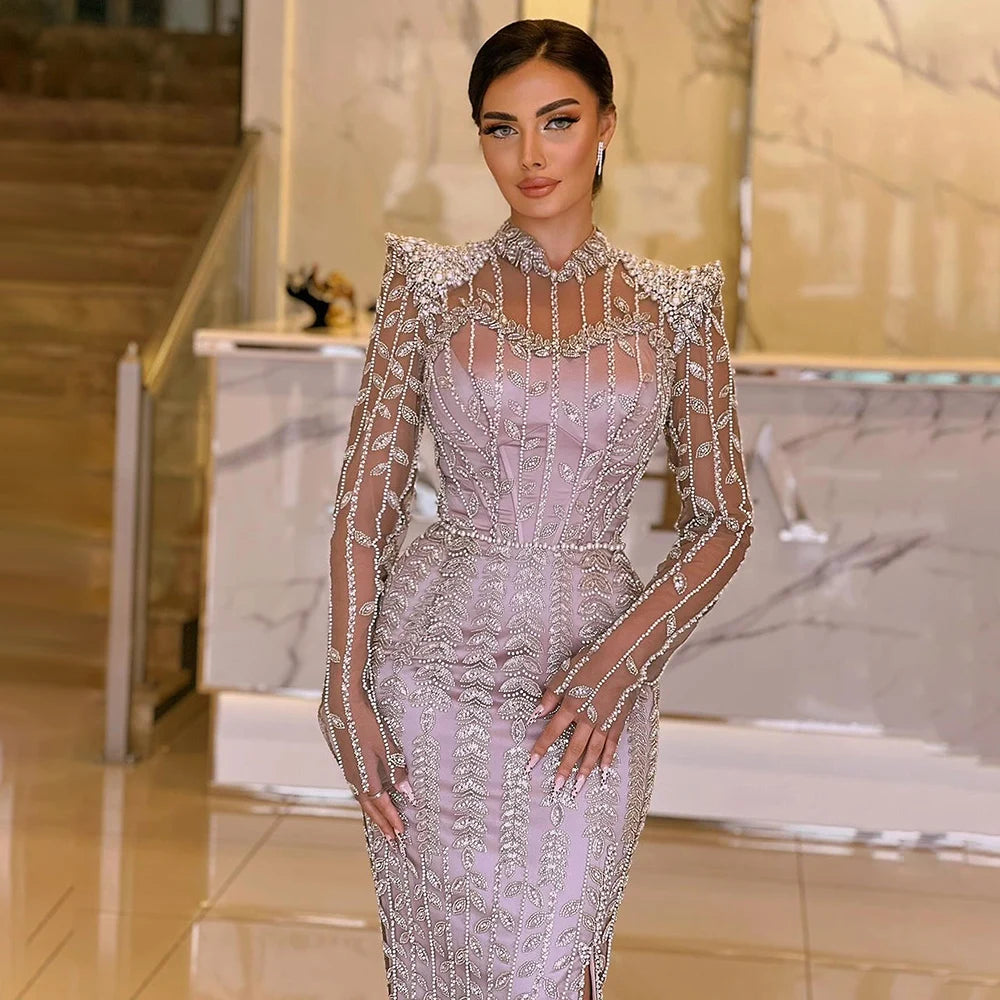 Elegant Dubai Pink Mermaid Evening Gown with Pearl Beading - Arabic Formal Dress for Women - Perfect for Weddings, Galas & Special Occasions - LA72826