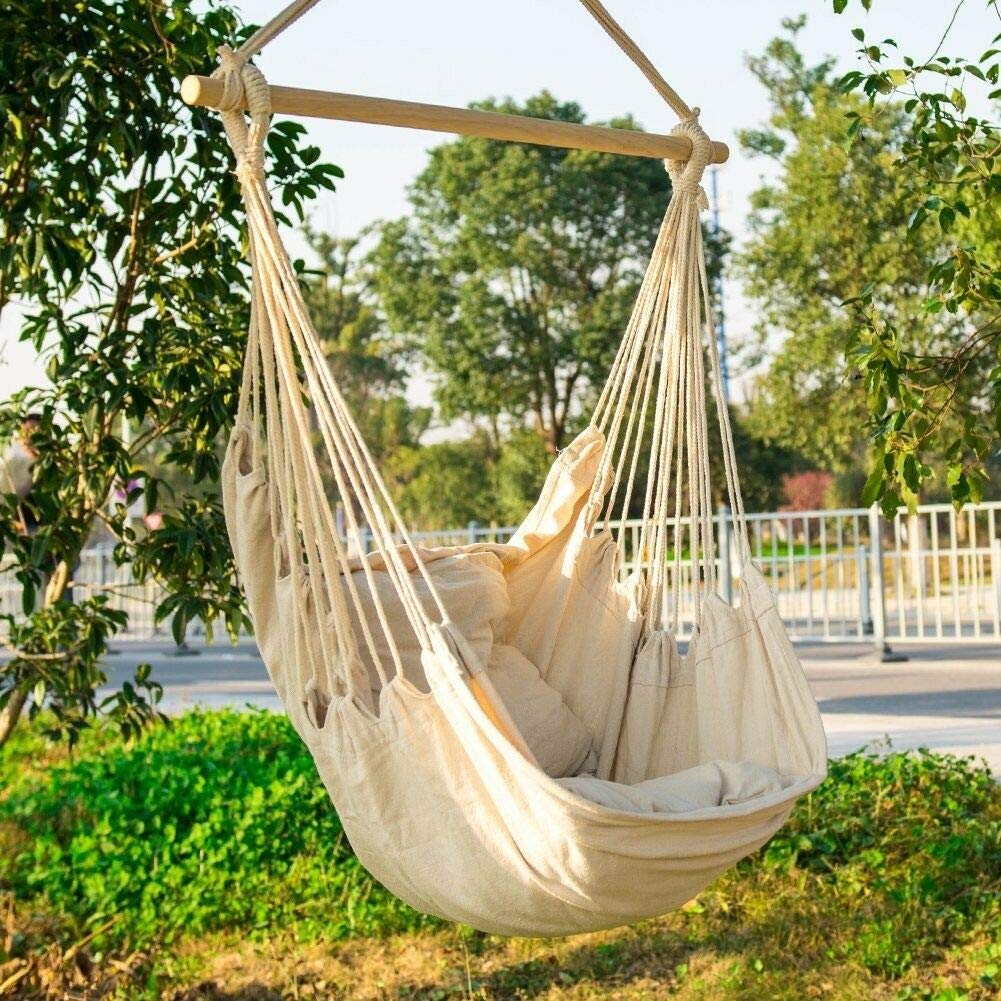 Sturdy Cotton Weave Hammock Chair Swing - Indoor/Outdoor Hanging Rope Seat Supports 300Lbs (Beige) | Perfect for Porch, Patio, Garden & Bedroom Relaxation (Pole & Pillows Not Included)