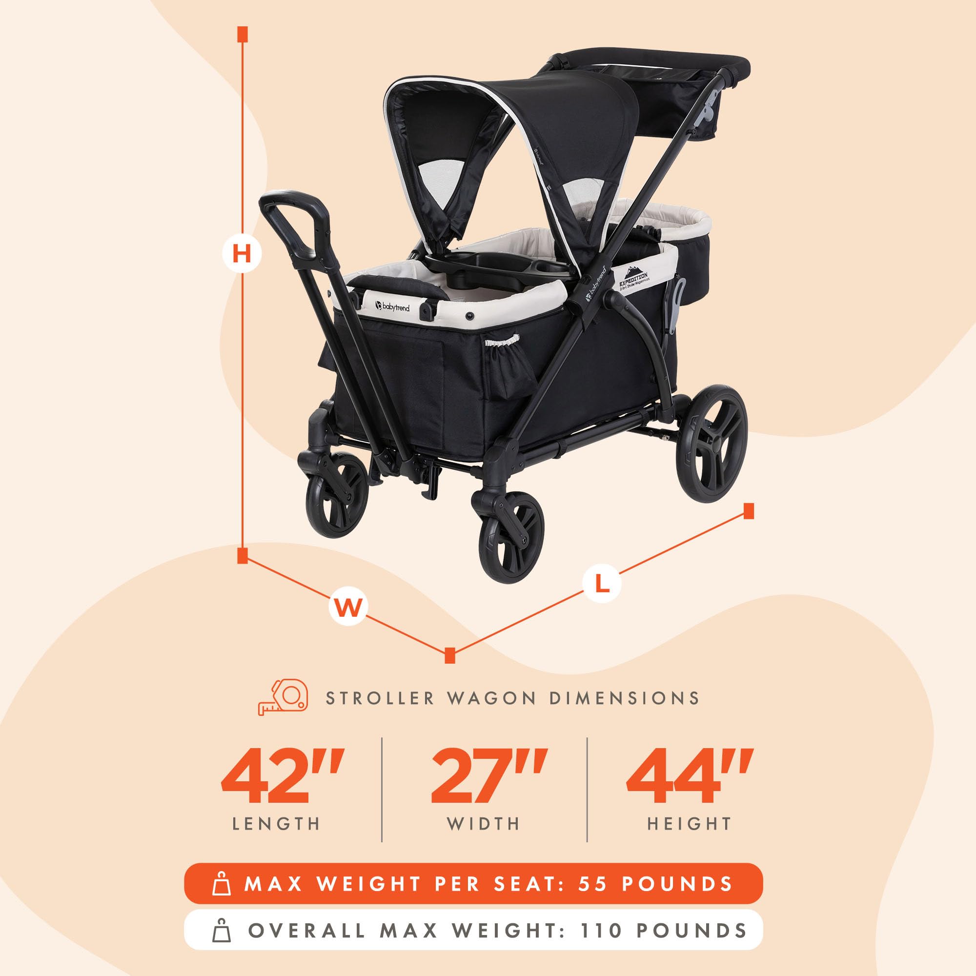Baby Trend Expedition 2-in-1 Collapsible Stroller Wagon with Canopy & Storage | Foldable Wagon for Kids | Includes Storage Basket, 2 Trays & 6 Bottle Holders | Perfect for Park Outings, Beach Trips & Family Adventures (Modern Khaki)