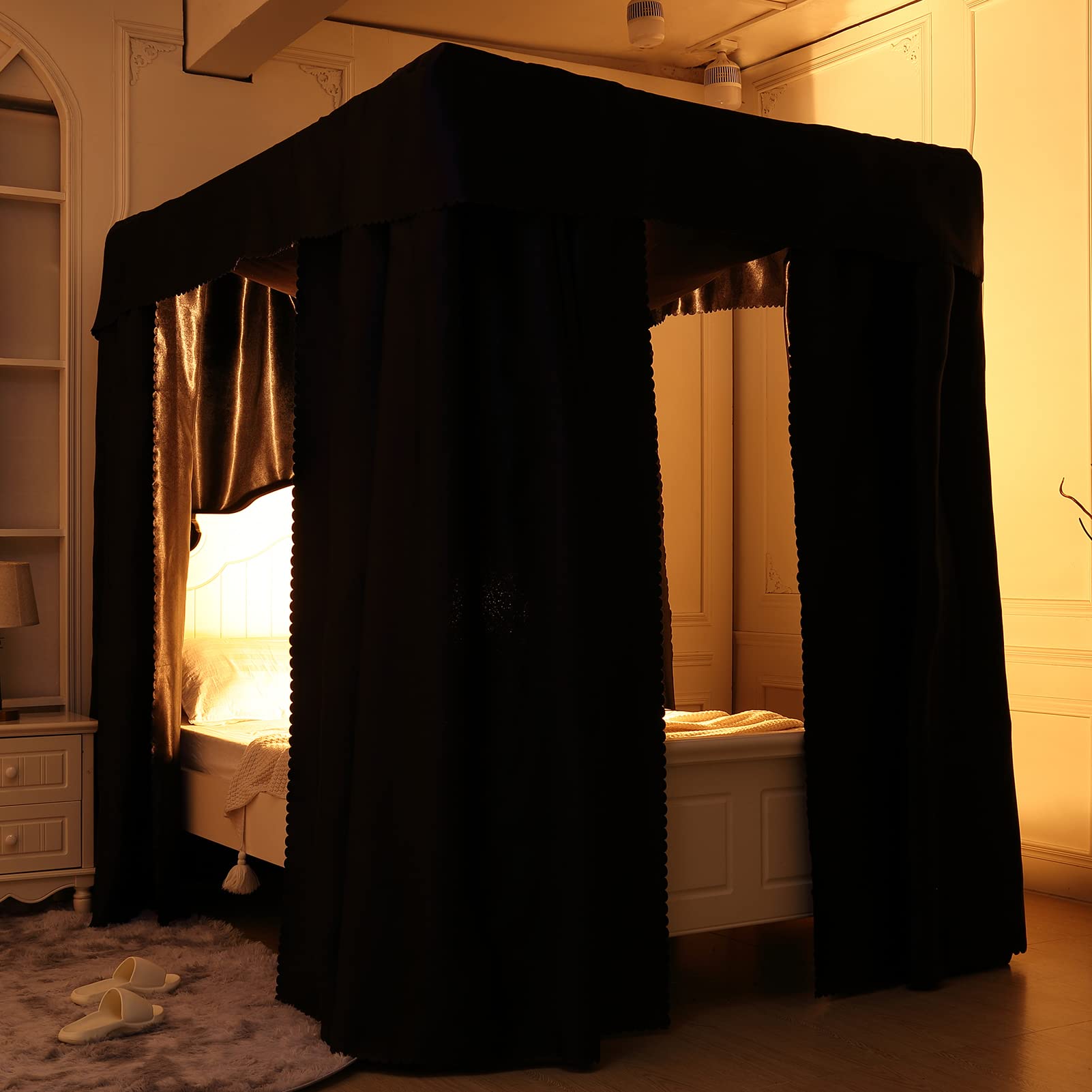 SCMTY Luxury 100% Blackout Bed Canopy - Lightproof 4 Corner Post Curtain for King Size Bed - Bedroom Privacy Protection & Decoration for Adults, Girls, Boys - Perfect for Daytime Napping & Creating Cozy Sleep Environment (Solid Black)