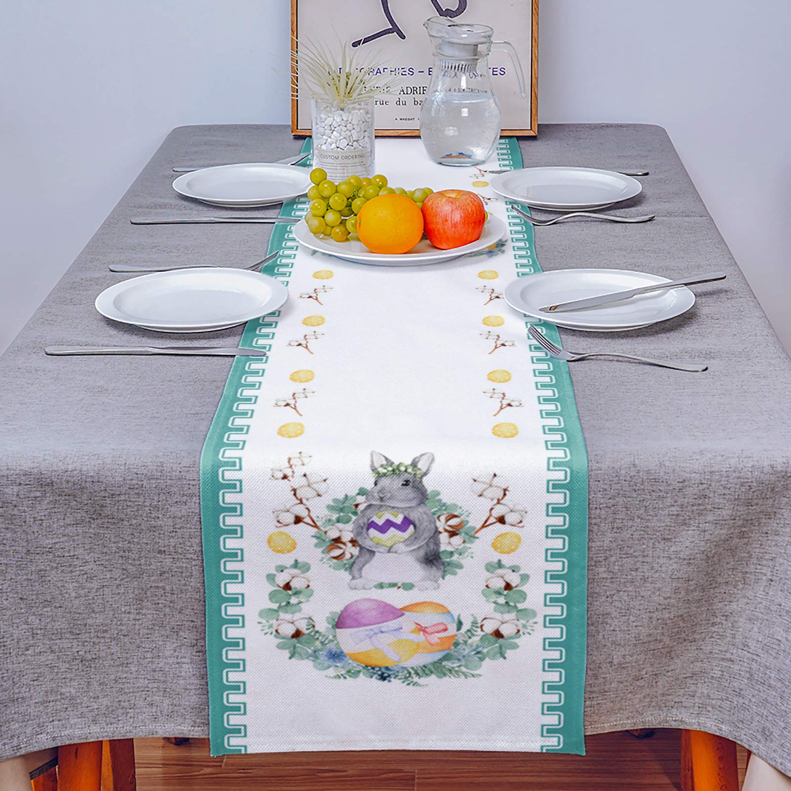 Easter Table Runner - 16x72 Inch Cotton Linen Non-Slip Tablecloth with Cute Bunny & Egg Design for Spring Holiday Dinner Parties - Perfect for Easter Decorations, Buffet Tables, and Home Dining Room Centerpieces