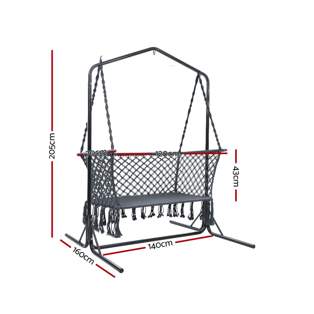 Macrame Hammock Chair with Stand - 2 Seater Outdoor Hanging Swing for Garden, Patio, or Balcony - Comfortable Grey Hammock for Relaxing and Lounging
