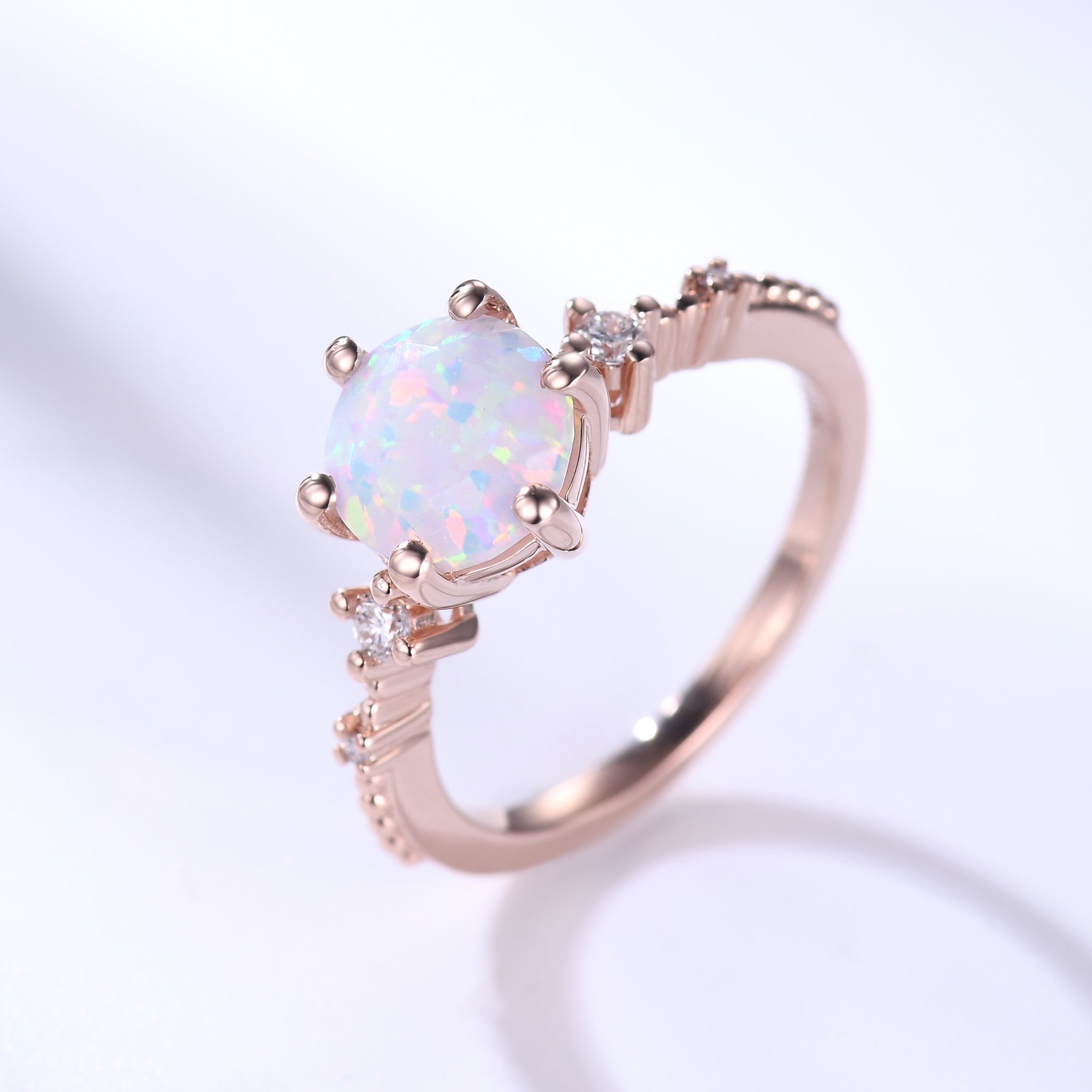 Exquisite Round Opal & Diamond Engagement Ring - 6 Prong 5 Stone Vintage Style Wedding Band for Women | Perfect for Proposals, Anniversaries & Special Occasions