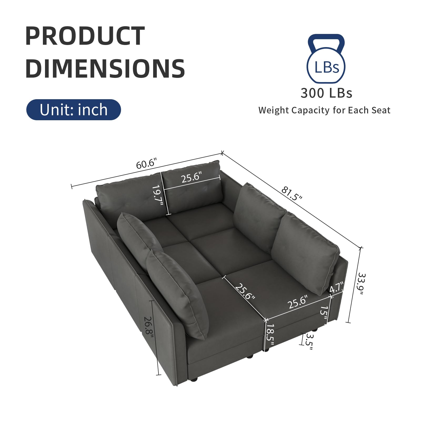 LLappuil 6-Seater Modular Sectional Sleeper Sofa with Storage - Faux Leather Fabric, Reversible Chaise, Dark Grey - Perfect for Living Room, Home Theater & Small Spaces
