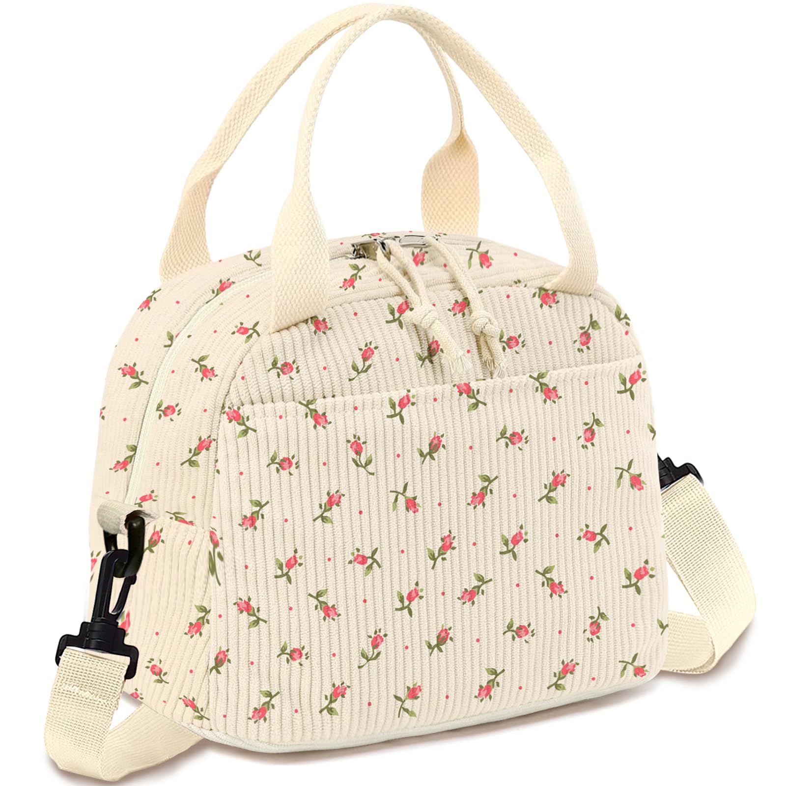 Stylish Insulated Lunch Bag for Women & Men - Large Corduroy Lunch Box with Shoulder Strap, Floral Tote & Reusable Cooler Bag | Perfect for Work, School, Picnics & Outdoor Activities