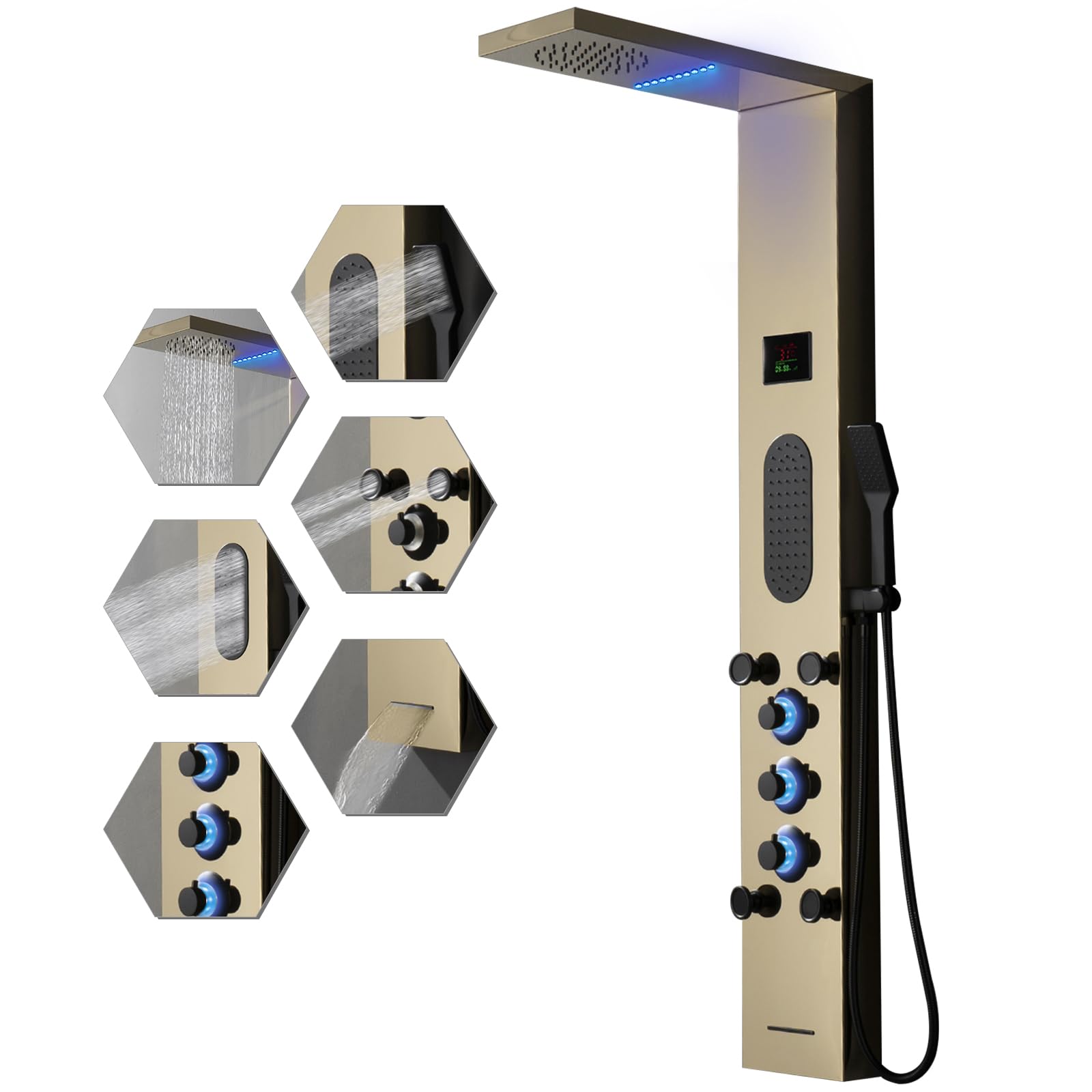 BWE Polished Gold LED Shower Tower System - Rainfall Shower Head with Massage Jets & Temperature Display - Stainless Steel Bathroom Fixtures for Spa-Like Luxury Shower Experience