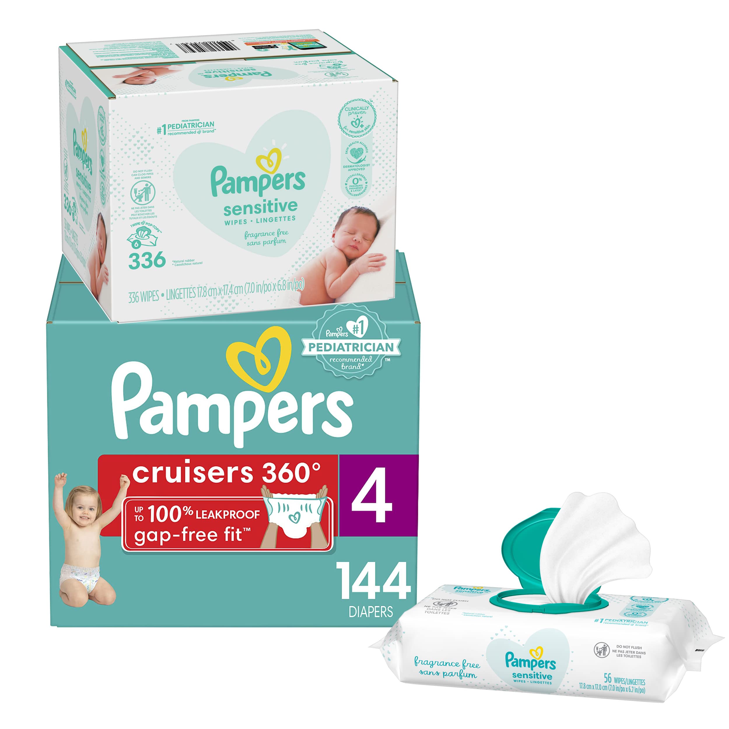 Pampers Cruisers 360° Fit Disposable Baby Diapers Size 4 (144 Count) & Baby Wipes (336 Count) - Stretchy Waistband, One Month Supply - Perfect for Active Babies, Daycare, and Overnight Protection