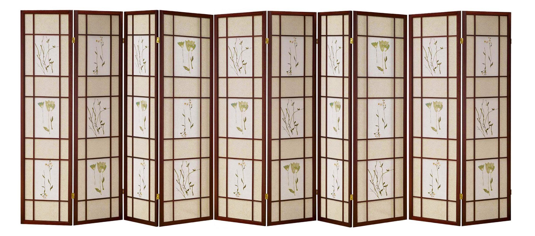 HONGVILLE Shoji Floral Prints Screen - Wood Framed Room Divider with Cherry Blossom Design - 10 Panel Folding Partition for Home Decor, Office Privacy, and Asian Style Interior