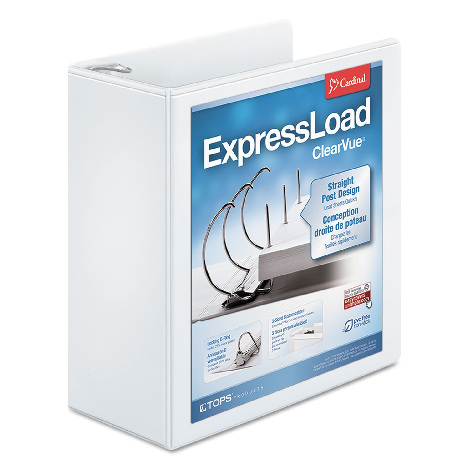 Cardinal ExpressLoad 4 Inch D-Ring Binder - 750 Sheet Capacity White Binder with ClearVue Cover & Locking D-Rings (49140) - Perfect for Office Documents, School Projects, and Business Presentations