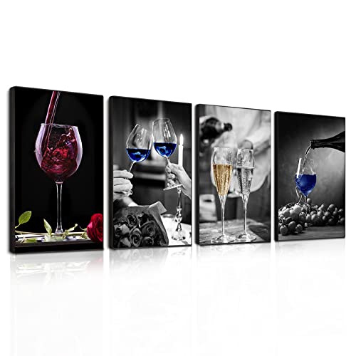 Modern 4-Piece Canvas Wall Art Set for Dining Room & Living Room Decor - Aluminum Alloy Framed Wine Glasses Artwork - Perfect for Home, Bar, and Restaurant Decoration