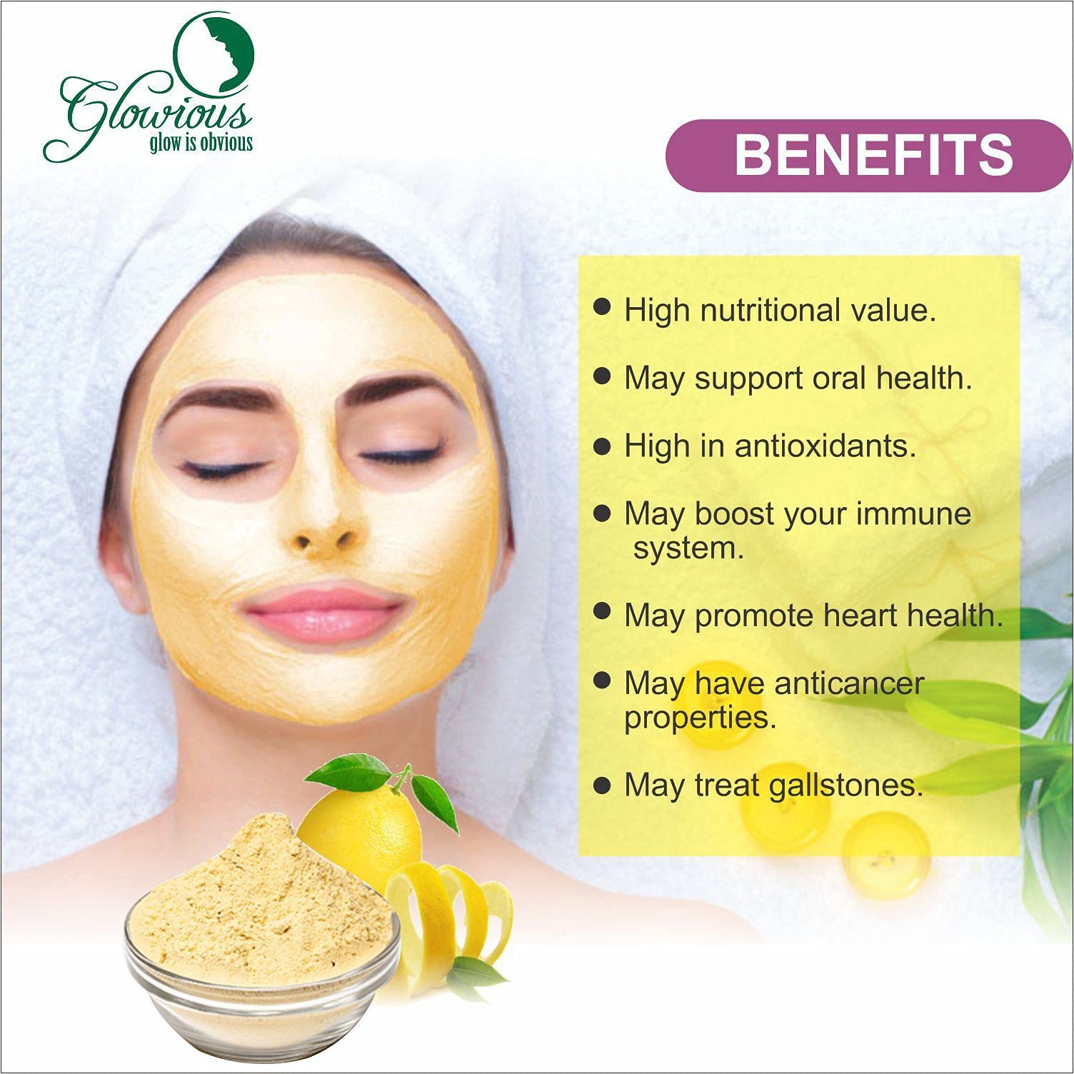 Glowious Combo Pack of 2 - Pure & Natural Multani Mitti (Fuller's Earth) Powder & Lemon Peel Powder for Face & Skin Care, 100g (50g x 2) | Brightening, Exfoliating & Oil Control | DIY Face Masks & Natural Beauty Treatments