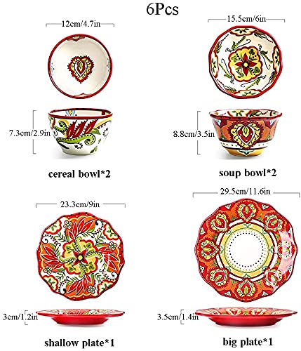 Exotic Style 6-Piece Ceramic Dinnerware Set - Hand Painted Red Plates & Bowls with Colorful Floral Patterns | Perfect for Carnival Parties, Home Dining, and Special Occasions