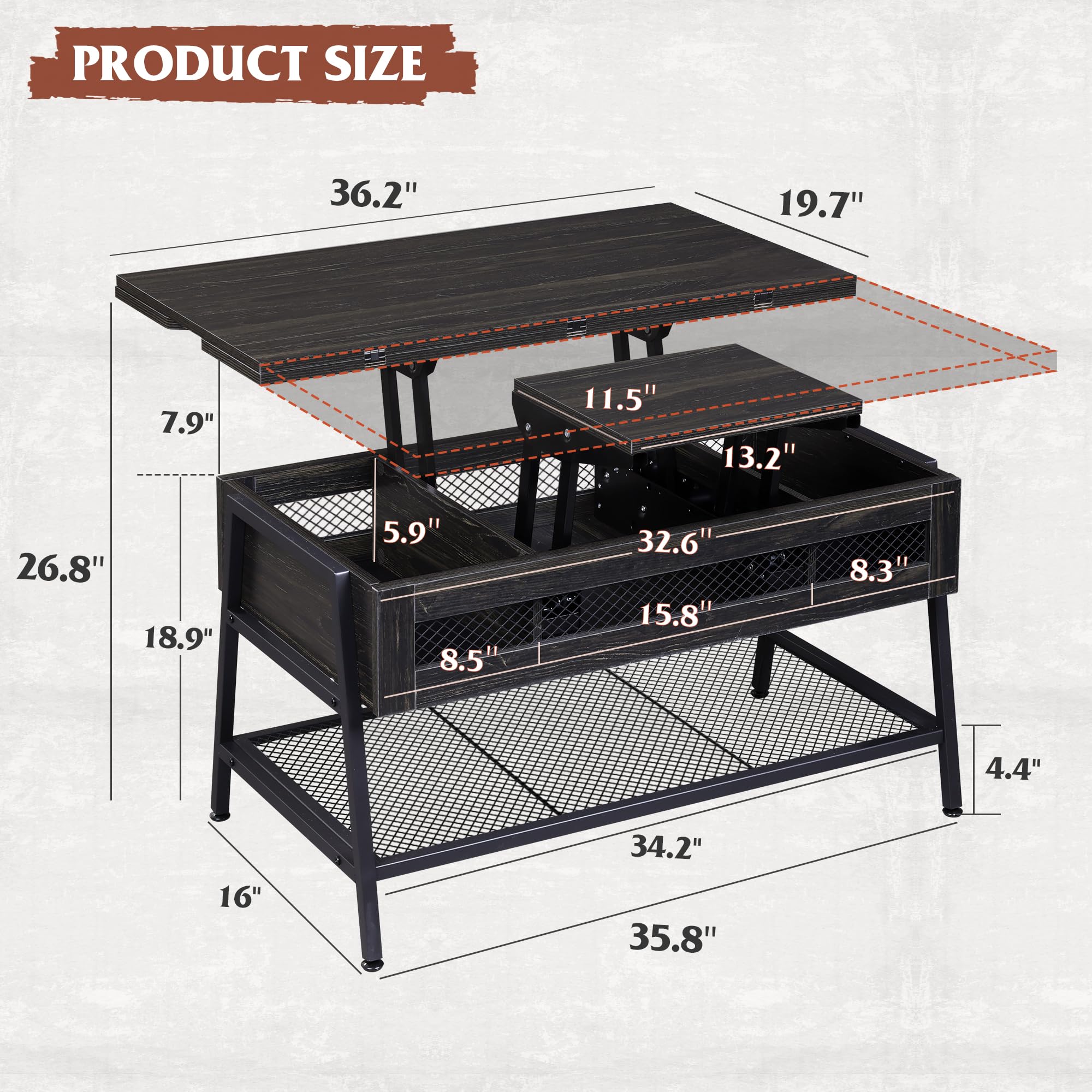 WLIVE 3-in-1 Lift Top Coffee Table with Hidden Storage | Convertible to Dining Table | Charcoal Black | Perfect for Living Room, Small Spaces & Home Office Use