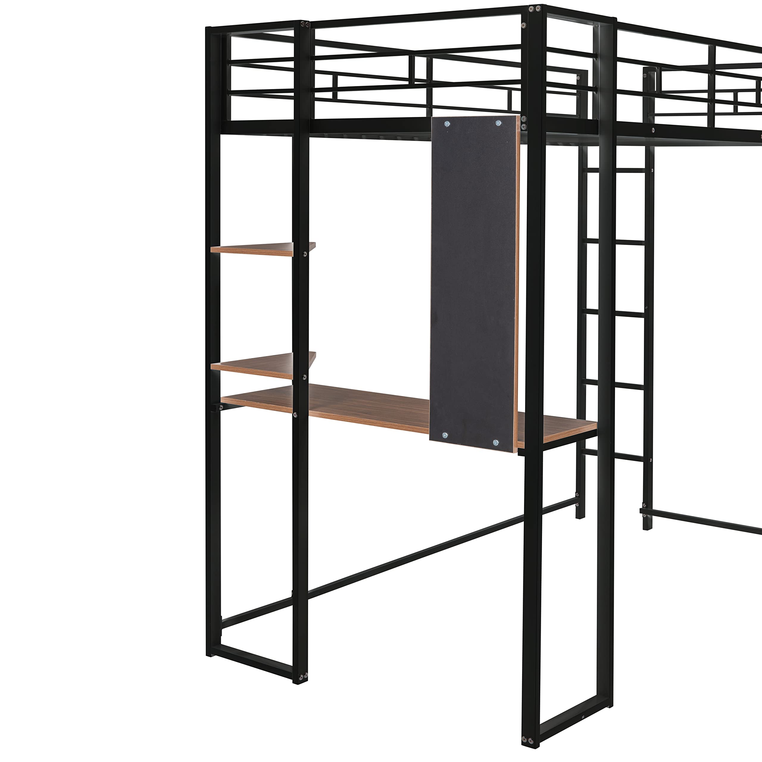 Twin Size Loft Bed with Study Desk & Storage Shelves - Sturdy Metal Frame with Safety Ladders & Guardrails - Space-Saving Design for Small Bedrooms, Dorms or Guest Rooms - Black Modern Furniture for Teens & Adults