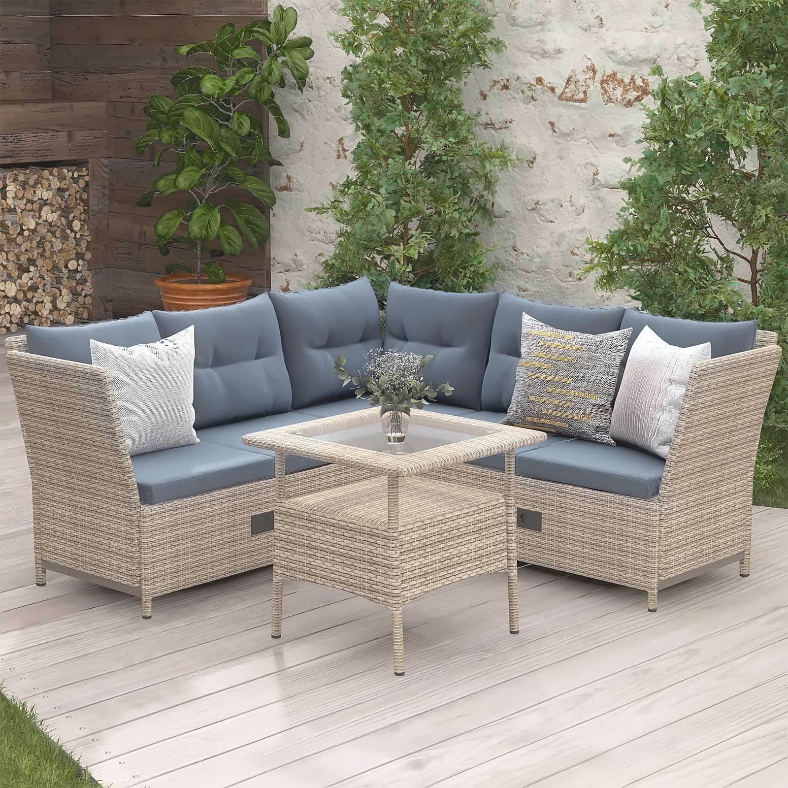 4-Piece All-Weather Outdoor Patio Furniture Set - PE Wicker Rattan Sectional Sofa with Adjustable Backs, Cushions & Glass Table - Perfect for Garden, Backyard, Poolside & Outdoor Entertaining