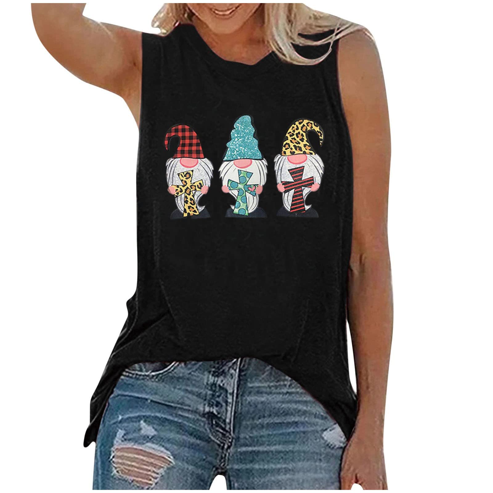 Women's Cute Gnome Print Tank Tops - Easter Day Sleeveless Shirts for Women, Plus Size Summer Blouses, Casual Crewneck T-Shirts - Perfect for Easter Celebrations, Summer Outings & Casual Wear