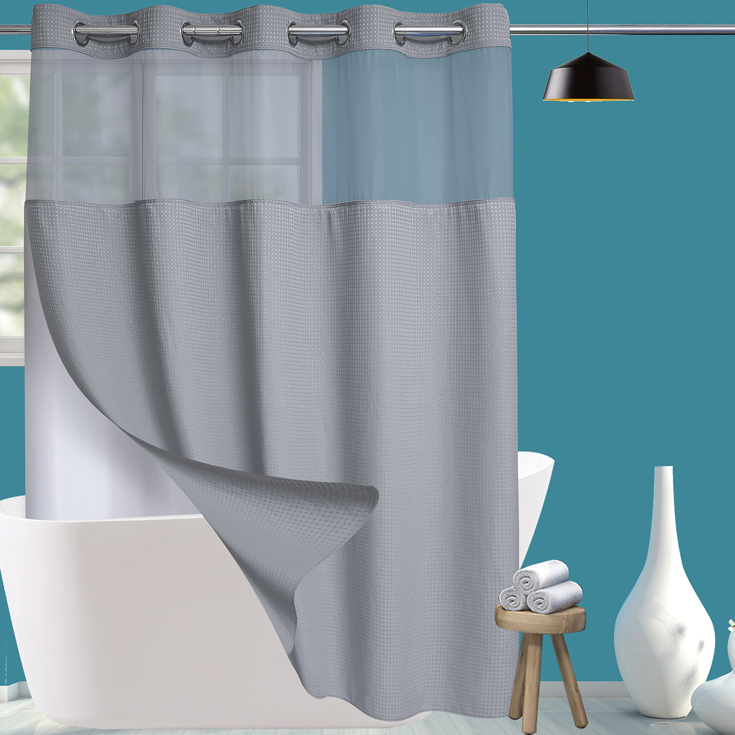 Conbo Mio Waffle Weave Hotel Style Shower Curtain with Snap-in Liner - Waterproof, Machine Washable Bathroom Shower Curtain (Waffle Grey, 71