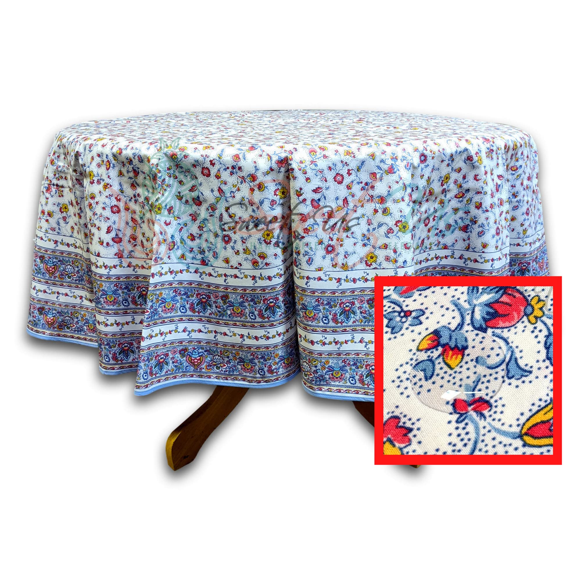 Spill-Resistant Wipeable Acrylic Coated Cotton Tablecloth - French Provencal Floral Design (71 Inch Round, White/Blue/Red/Pink) for Dining Room, Kitchen, and Outdoor Picnic Use