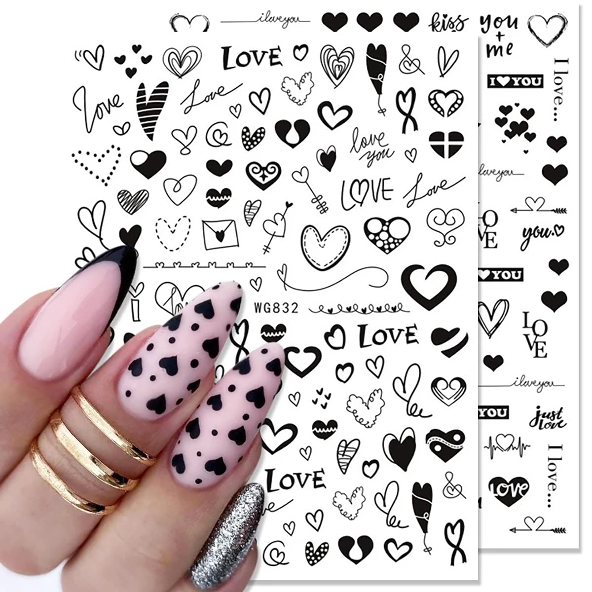 6 Sheets 3D Heart Nail Art Stickers - Self-Adhesive Black & Red Cupid Love Nail Decals for Natural & Acrylic Nails | Valentine's Day Nail Designs & Romantic Date Night Nail Decor