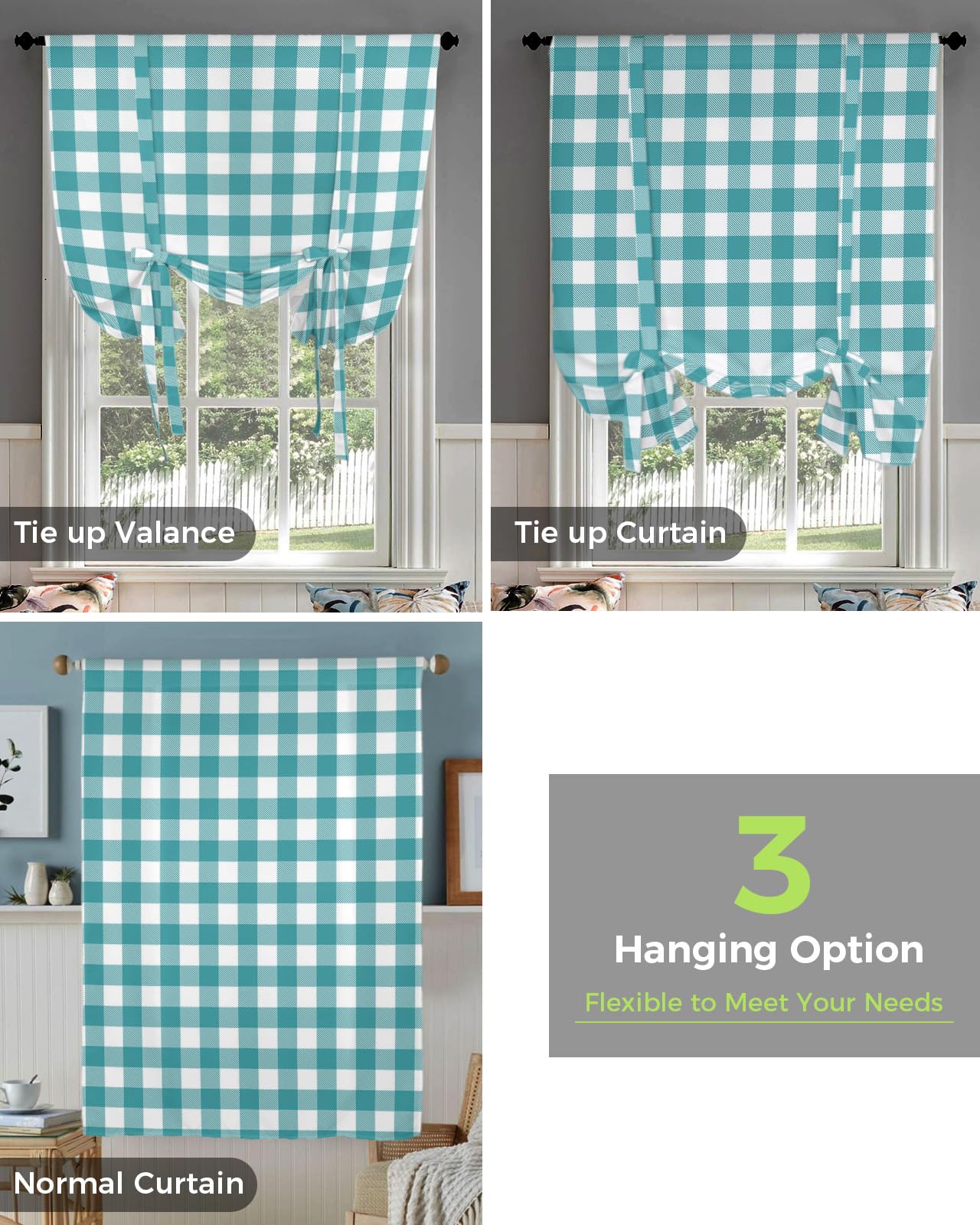 Farmhouse Style Teal Green Buffalo Check Plaid Tie Up Kitchen Curtains - Adjustable Window Shade with Rod Pocket for Small Windows (46
