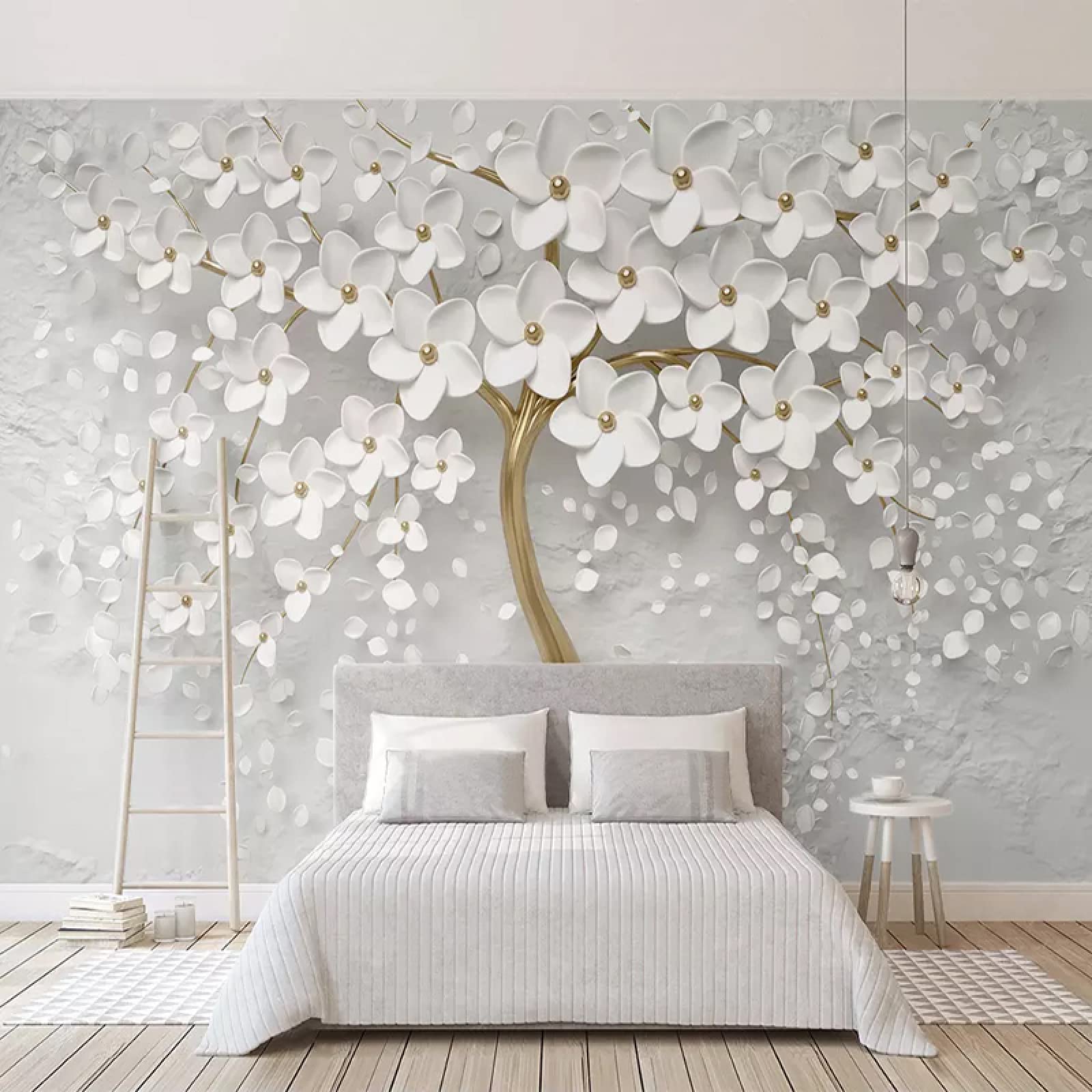 3D White Flowers Tree Pearl Flower Embossed Wall Mural - 169.3