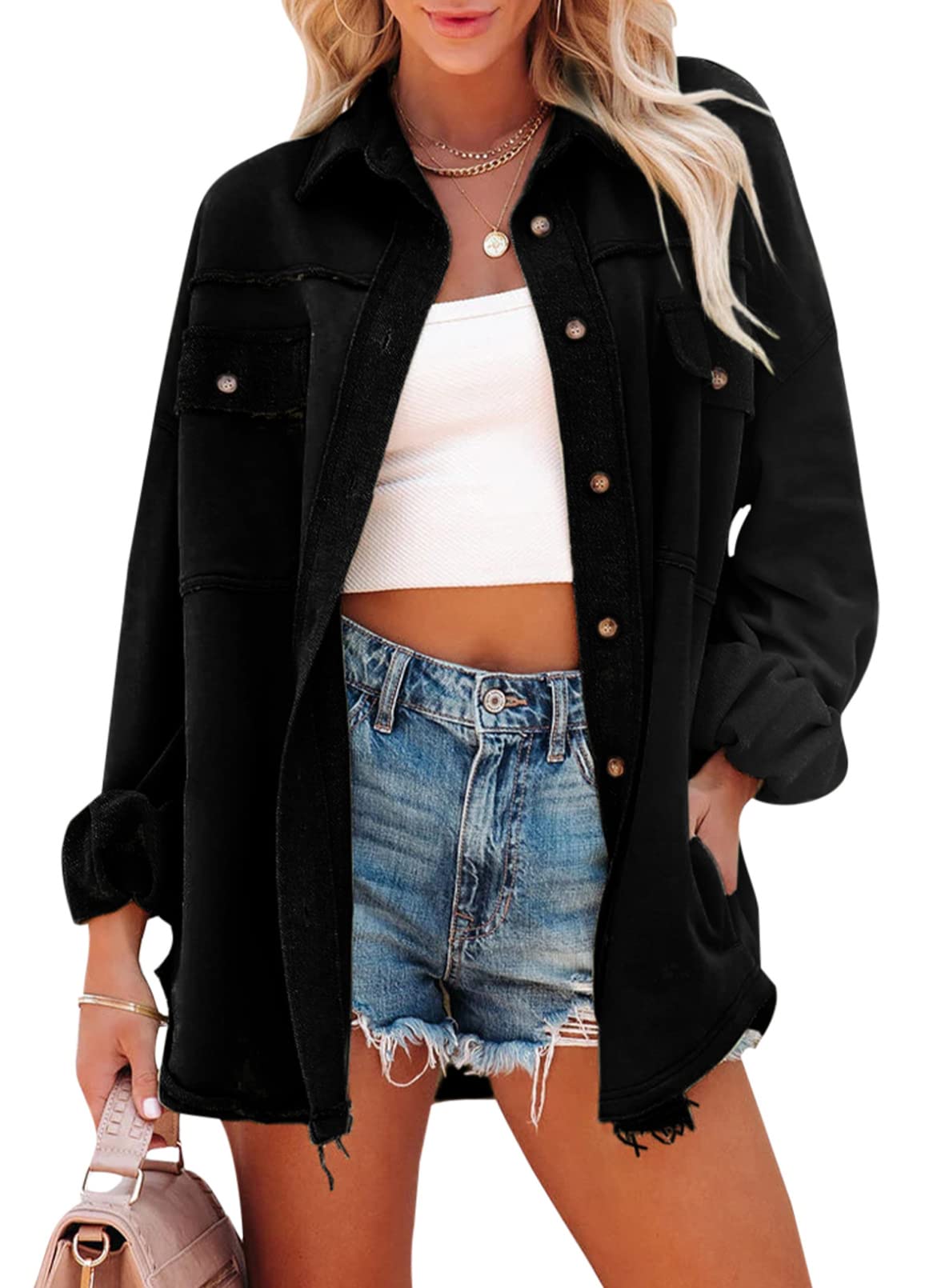 Stylish Women's Casual Long Sleeve Shacket Jacket with Pockets - Perfect for Fall Layering & Outdoor Activities