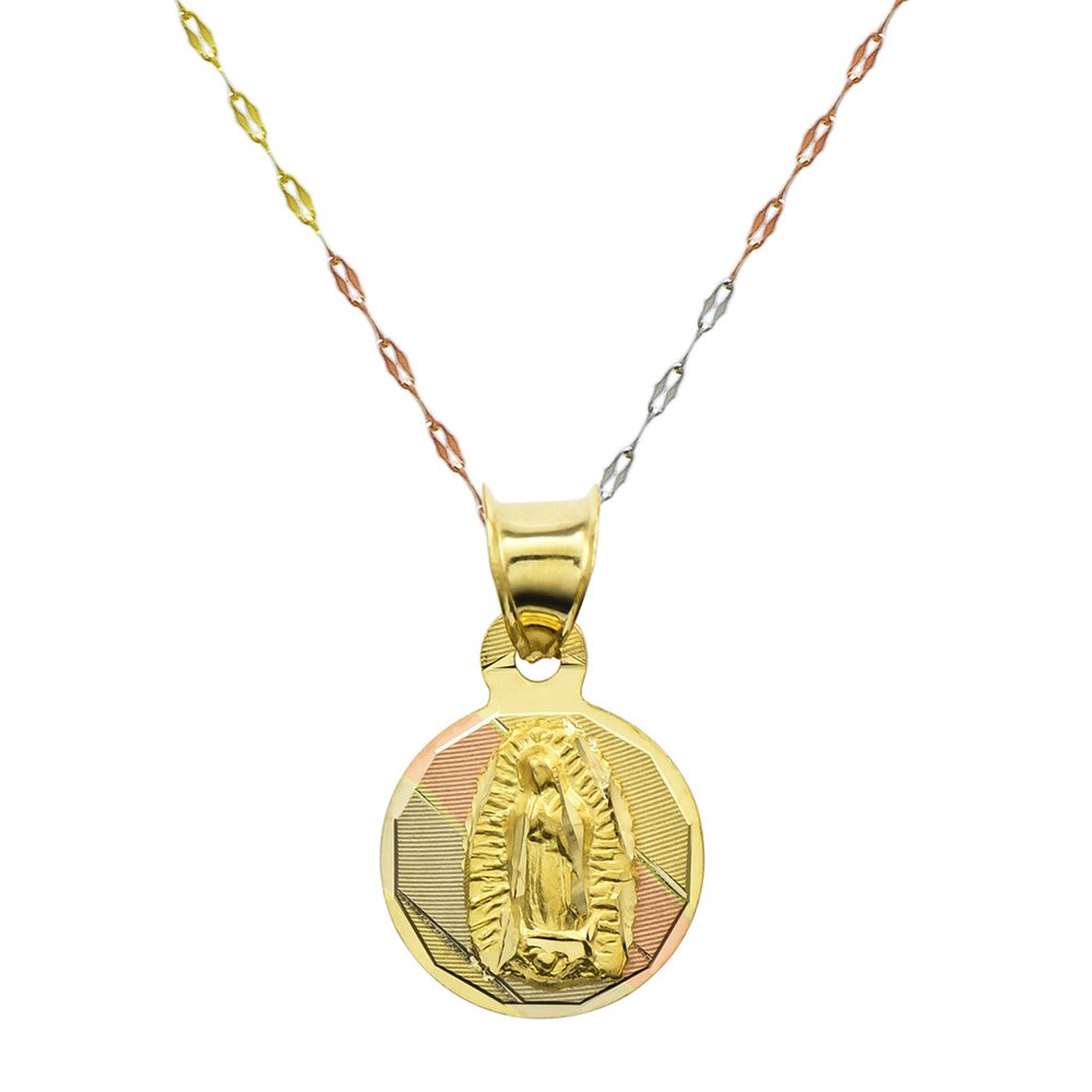 14K Tri-Color Gold Virgin Mary of Guadalupe Charm Pendant Necklace - 1.0mm Italian Chain | Religious Jewelry Gift for Women | Baptism, First Communion & Everyday Wear