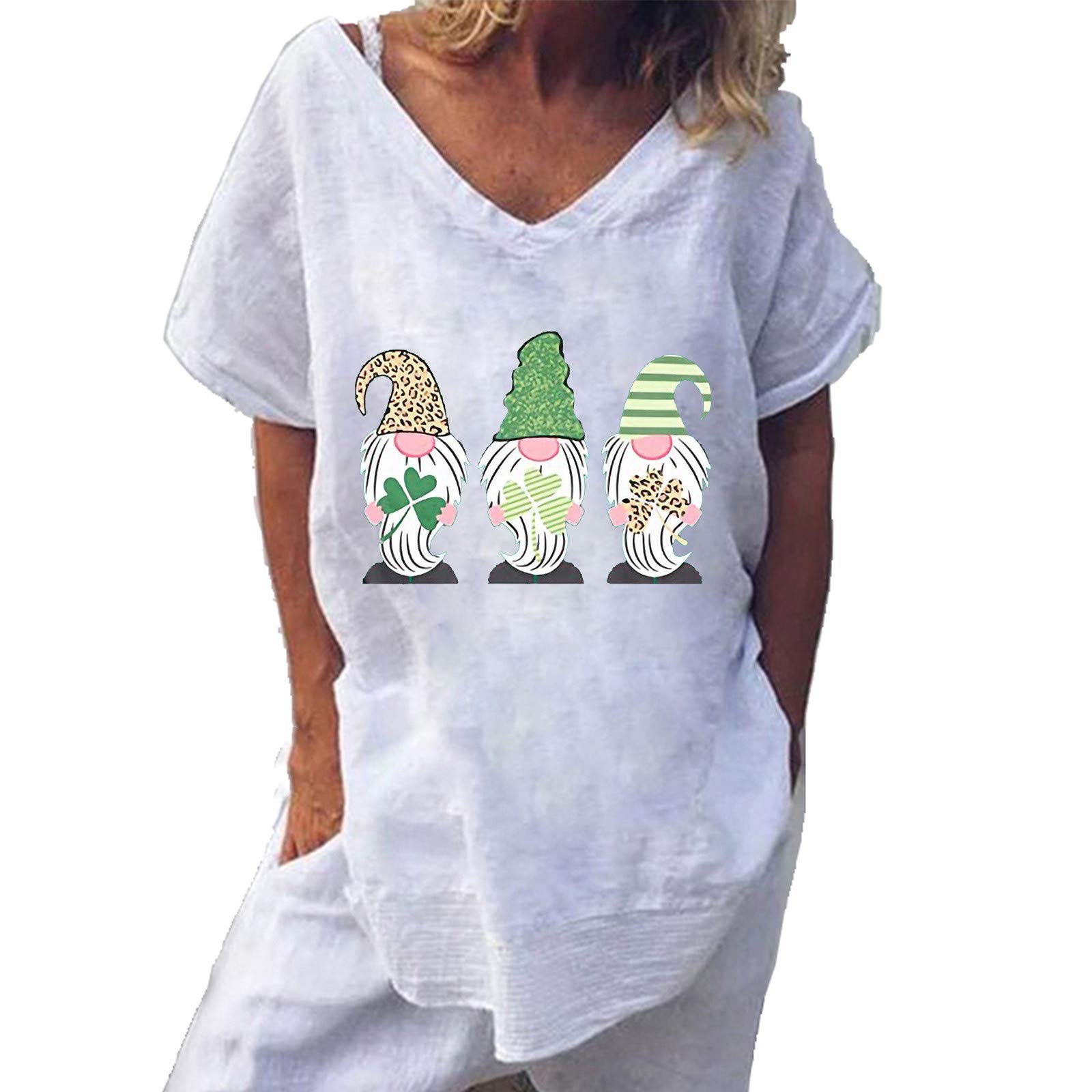 Women's Stylish V-Neck Casual Short Sleeve Blouse - Loose Fit St. Print T-Shirt in White | Perfect for Everyday Wear, Office Outfits & Summer Fashion