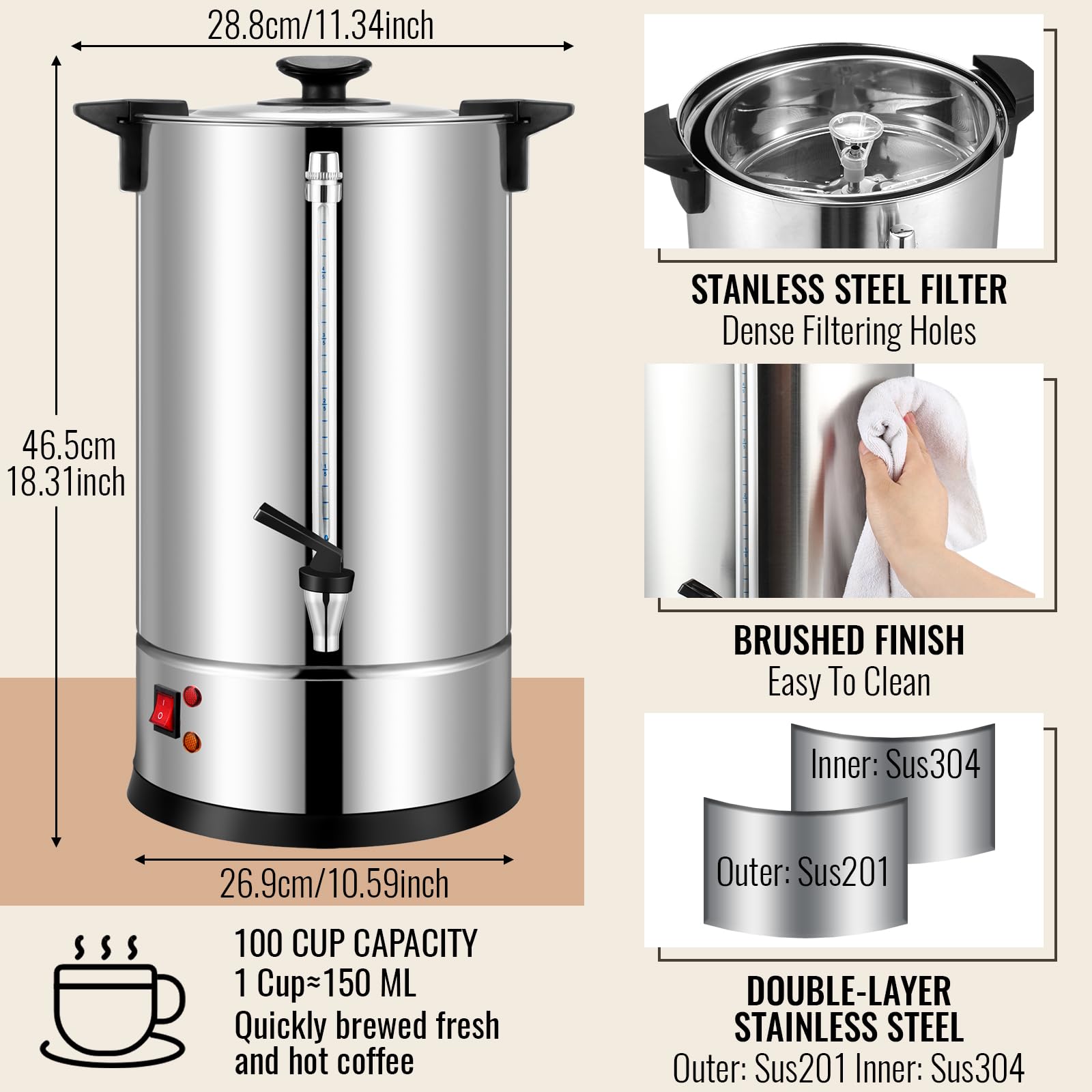 Commercial Coffee Maker 100 Cup Stainless Steel Electric Coffee Urn - 15L Large Capacity with 5oz Paper Cups & Drip Trays - Perfect for Catering, Restaurants, Home Parties & Office Events