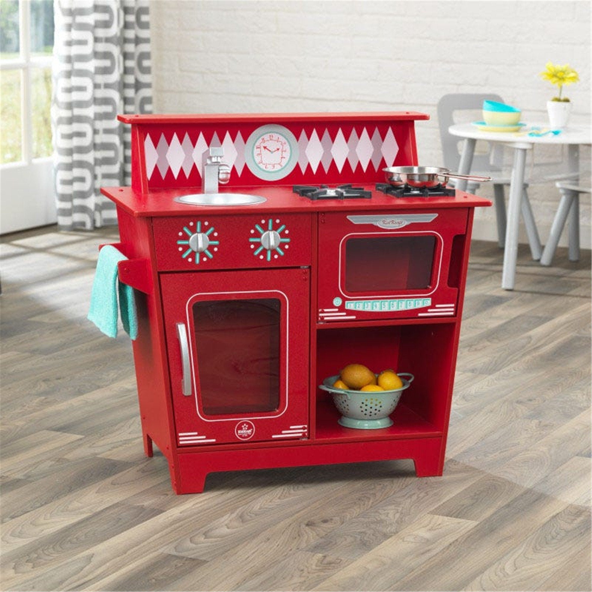 KidKraft Classic Wooden Play Kitchenette - Red Toy Kitchen for Kids, Pretend Play & Learning | Perfect for Toddlers & Preschoolers | Indoor Playroom & Birthday Gift Idea