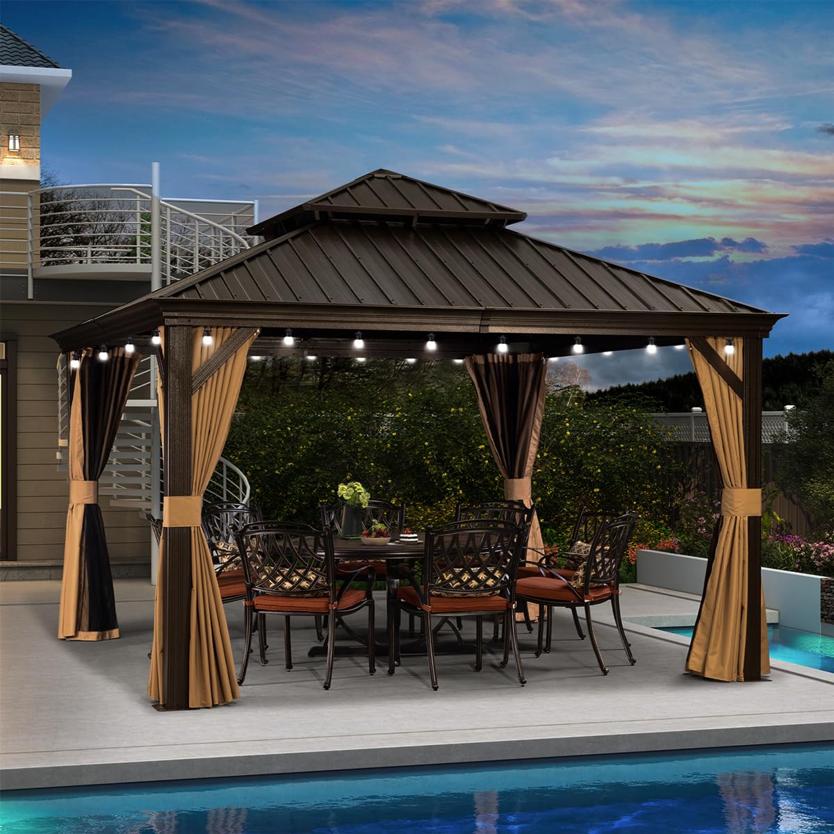 PURPLE LEAF 12'x12' Hardtop Gazebo with Metal Roof, Netting & Curtains - Permanent Outdoor Canopy for Backyard, Patio, Deck, Garden or Hot Tub Area - Includes 24 LED String Lights for Evening Entertainment