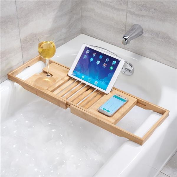 Premium Bamboo Bath Caddy Tray - Spa Relaxation Tray with Wine Glass Holder & Book Stand - Perfect for Bath Time, Reading & Self-Care Moments