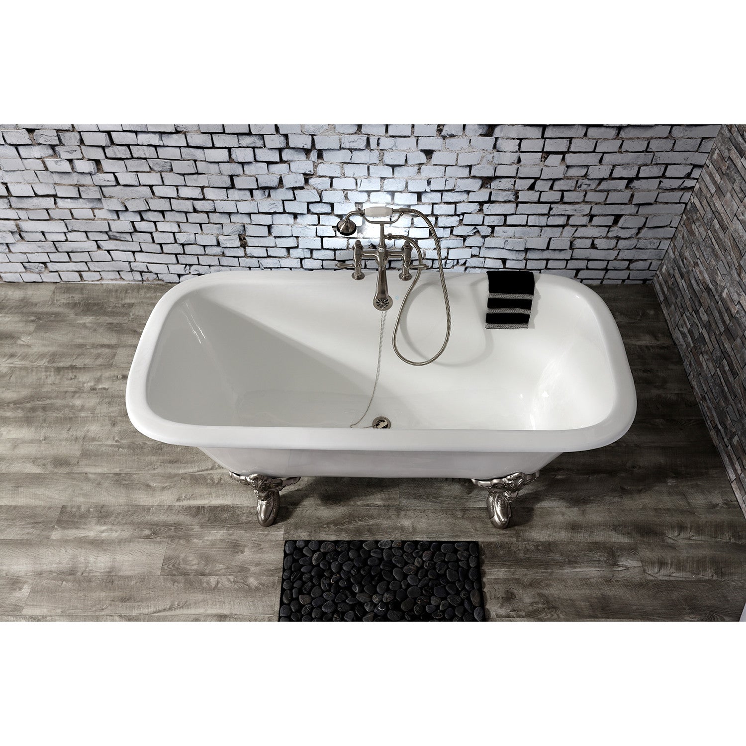 Aqua Eden 67 Inch White Cast Iron Clawfoot Bathtub with Brushed Nickel Finish - Double Ended Rectangular Freestanding Tub (7 Inch Faucet Drillings) for Luxury Bathroom & Spa Relaxation