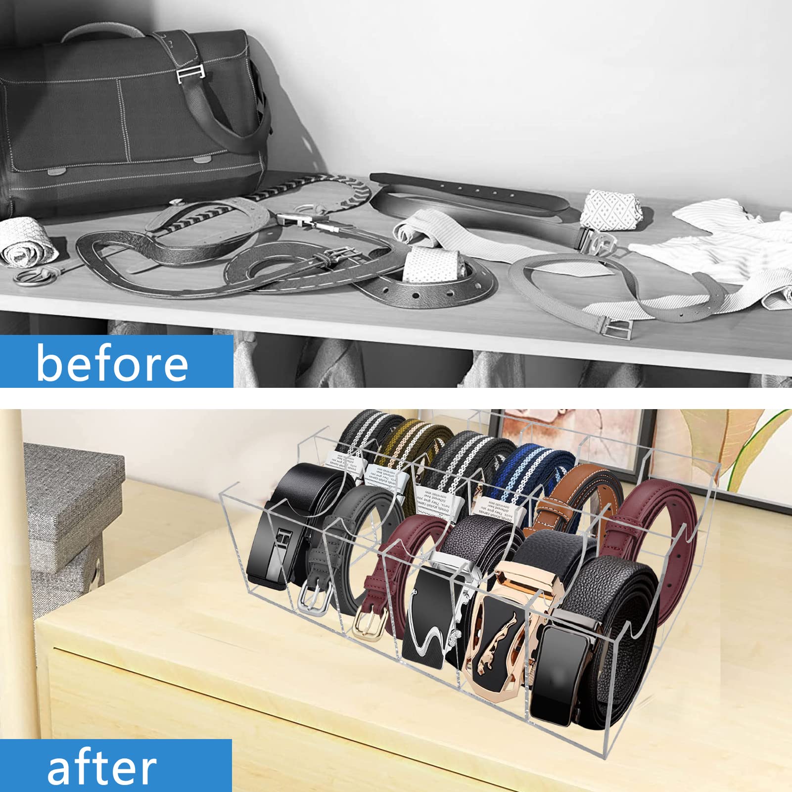 Acrylic Belt Organizer with 12 Compartments - Clear Storage Box for Belts, Ties, Jewelry & Accessories | Perfect for Closet Organization, Retail Display & Travel Storage