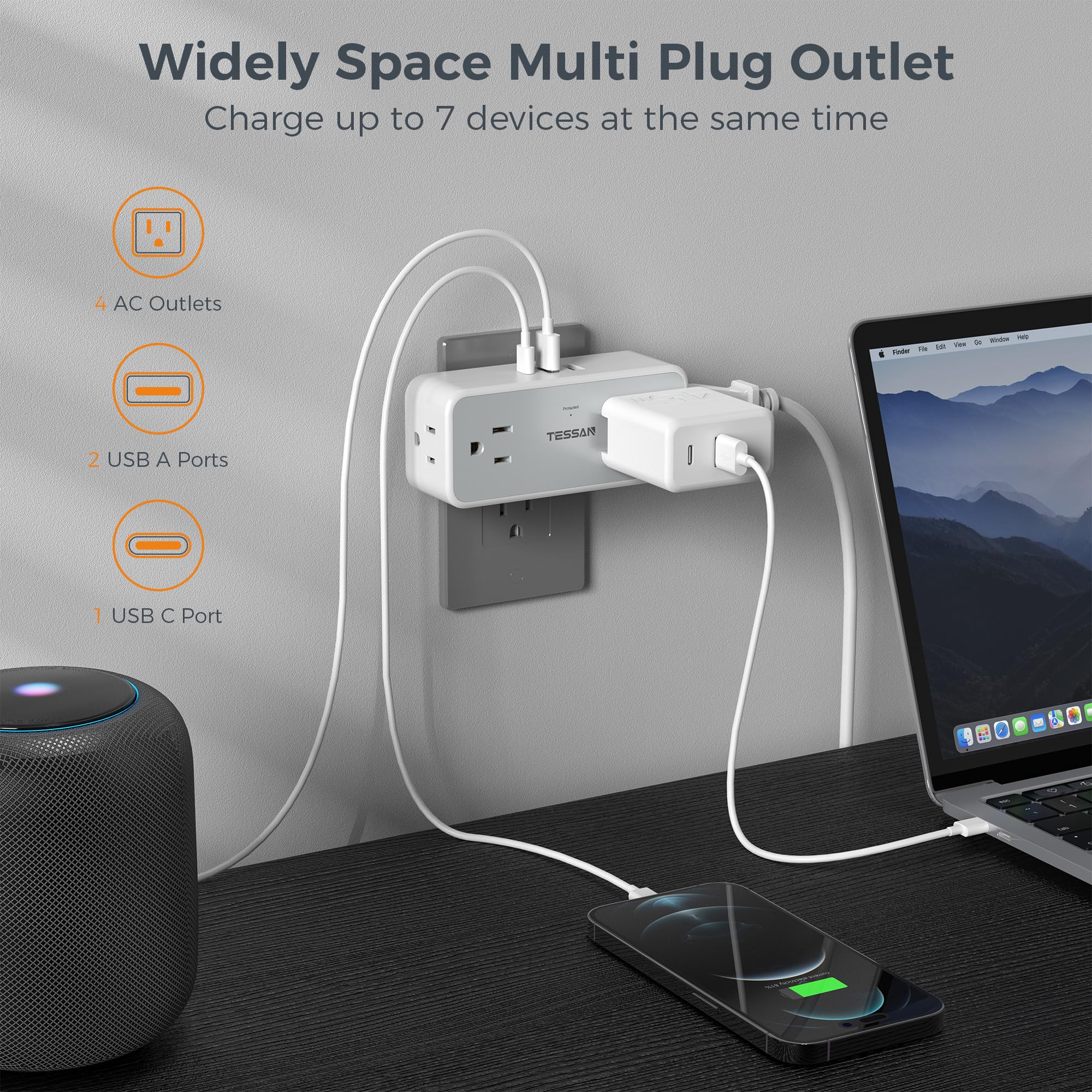 TESSAN 4 Outlet Extender with 3 USB Ports (1 USB-C) & 900J Surge Protection - Multi Plug Power Strip, Wide Spaced Wall Charger for Home, Office, Dorm - Perfect for Charging Phones, Laptops, Tablets & Smart Devices